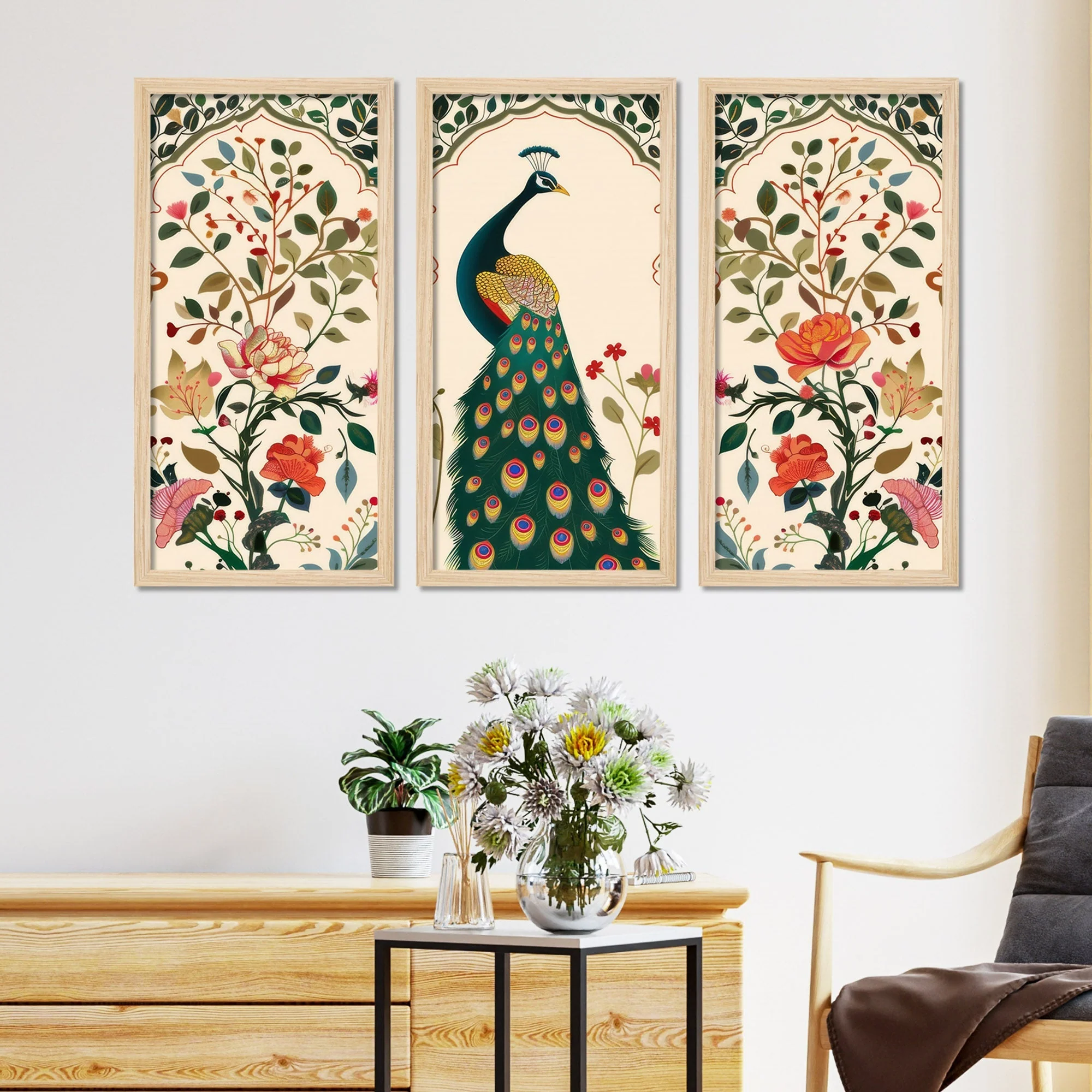 Indian Folk Art Peacock Madhubani Wooden Wall Frame Set of Three - Image 3