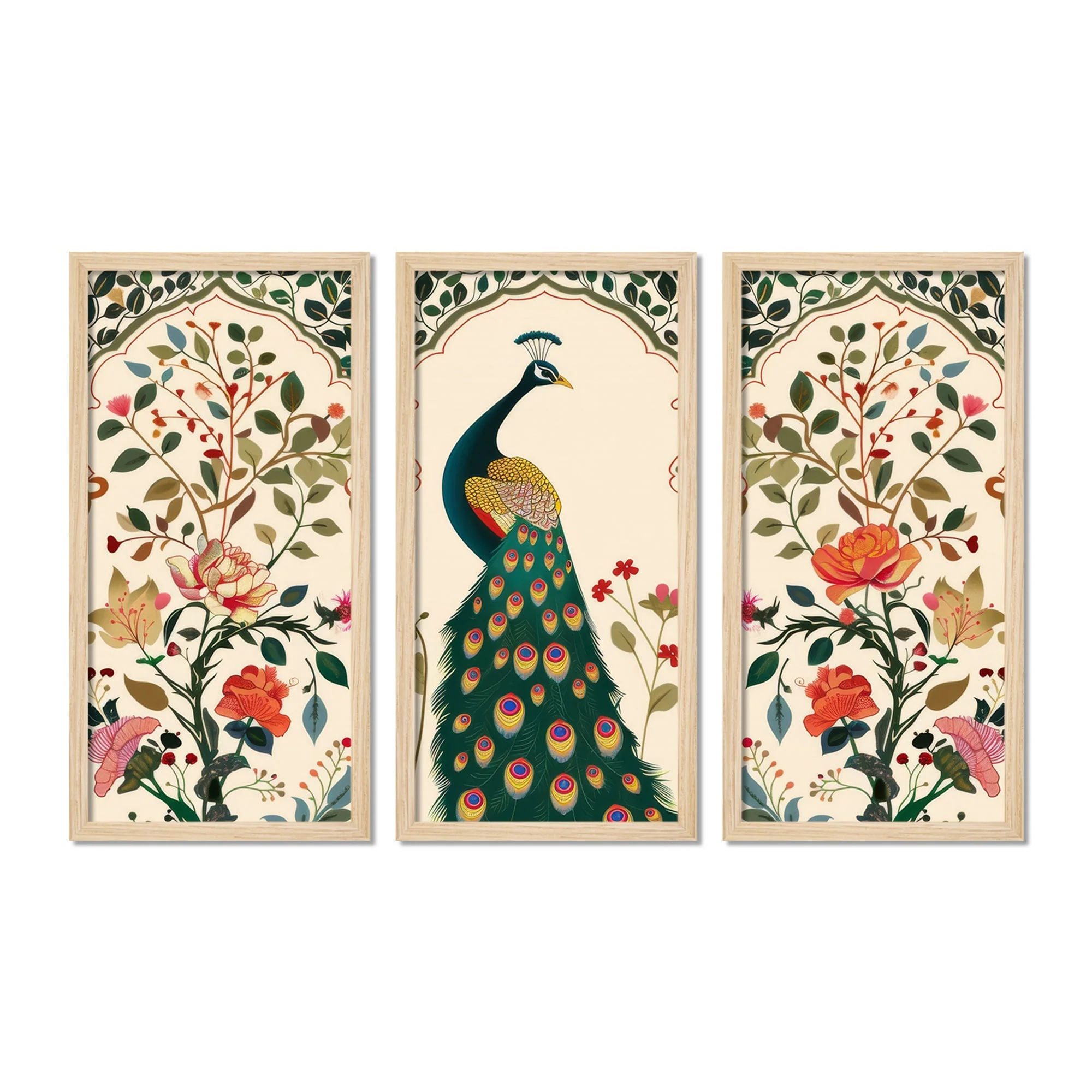 Indian Folk Art Peacock Madhubani Wooden Wall Frame Set of Three - Image 4