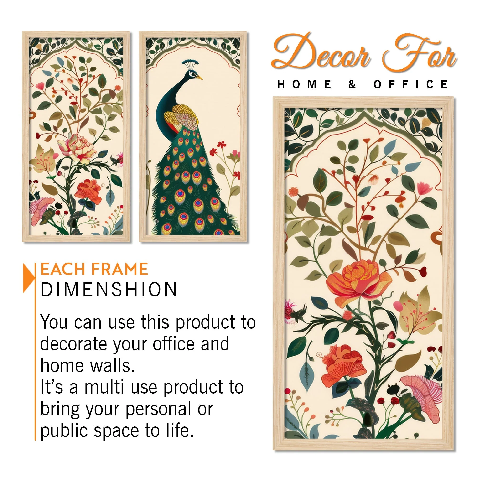 Indian Folk Art Peacock Madhubani Wooden Wall Frame Set of Three - Image 5