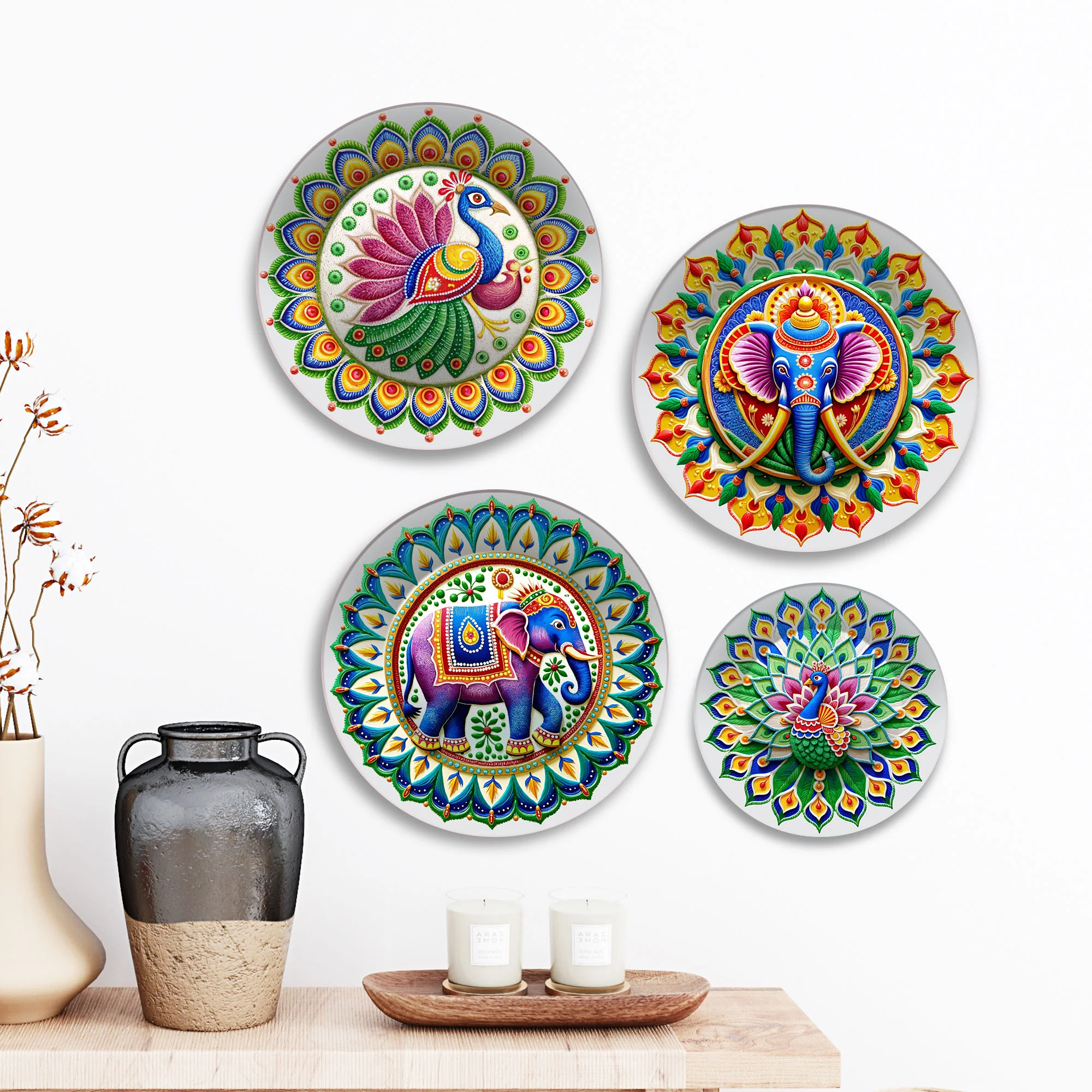 Indian Folk Art with Divine Motifs Premium Wall Plates Painting Set of Four - Image 2