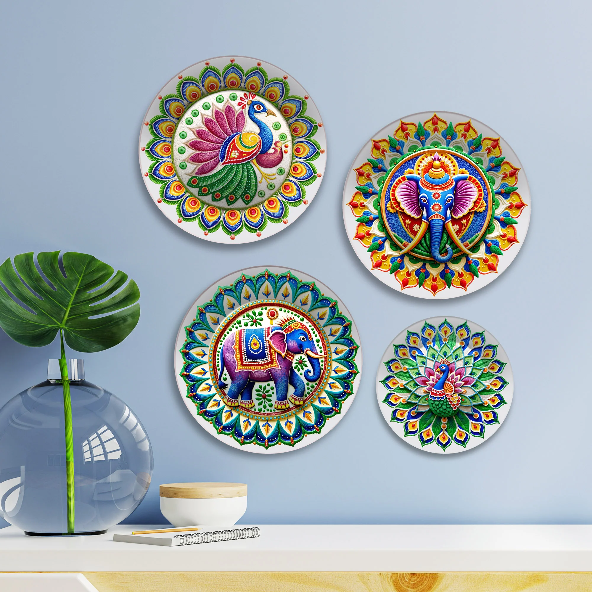 Indian Folk Art with Divine Motifs Premium Wall Plates Painting Set of Four - Image 3