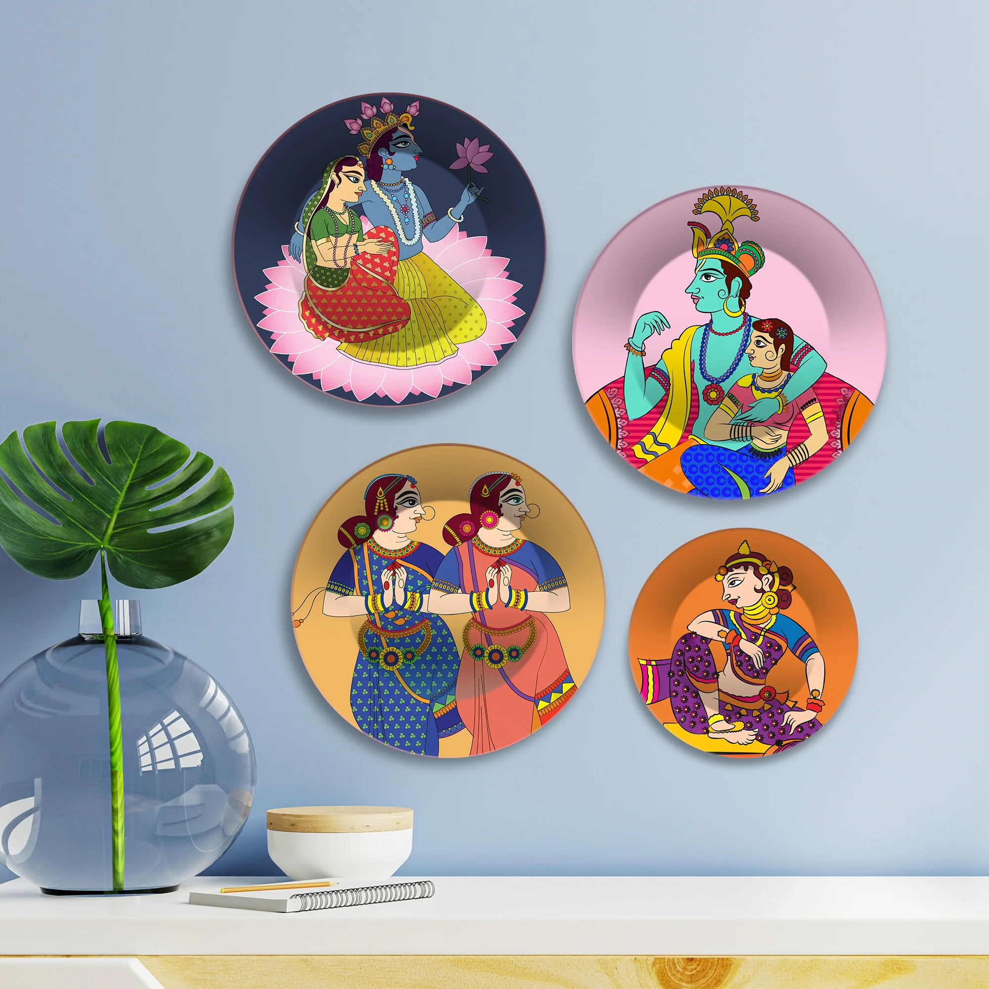 Indian Folk Deity Radha Krishna Premium Wall Plates Painting Set of Four - Image 2