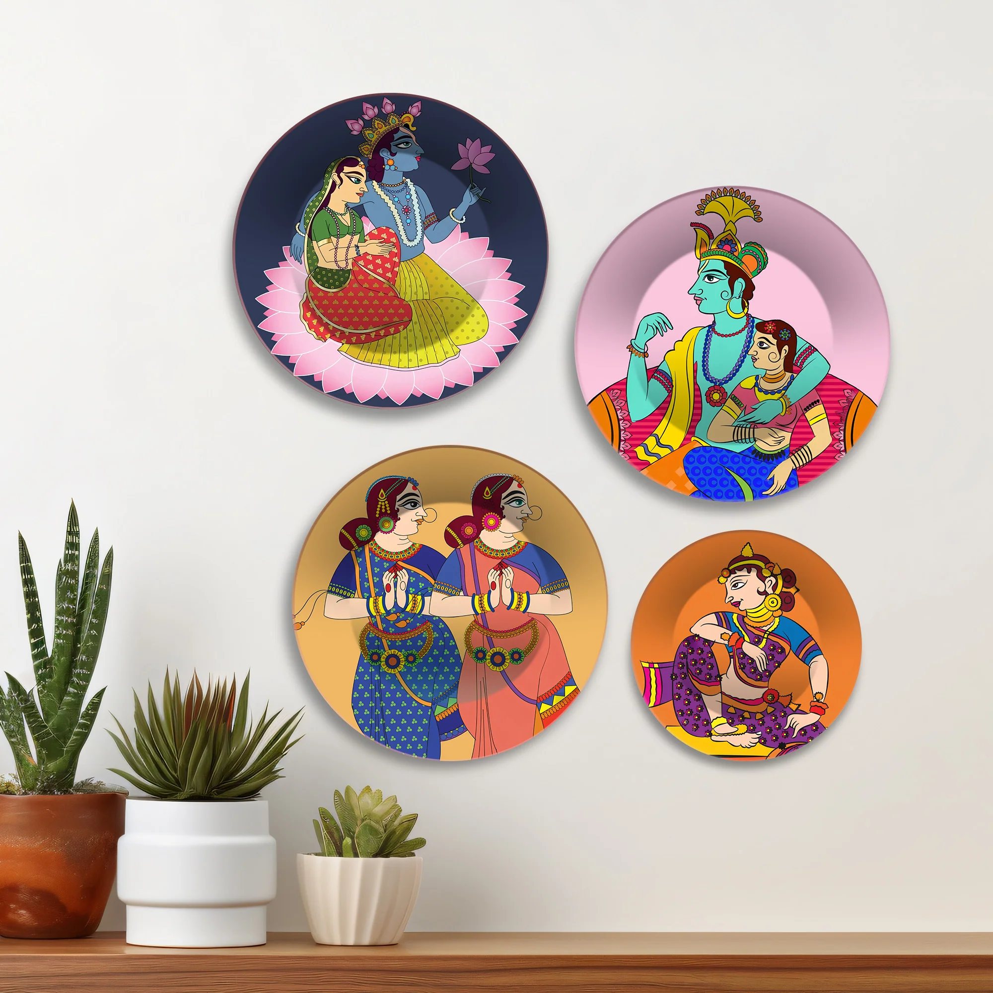 Indian Folk Deity Radha Krishna Premium Wall Plates Painting Set of Four - Image 3
