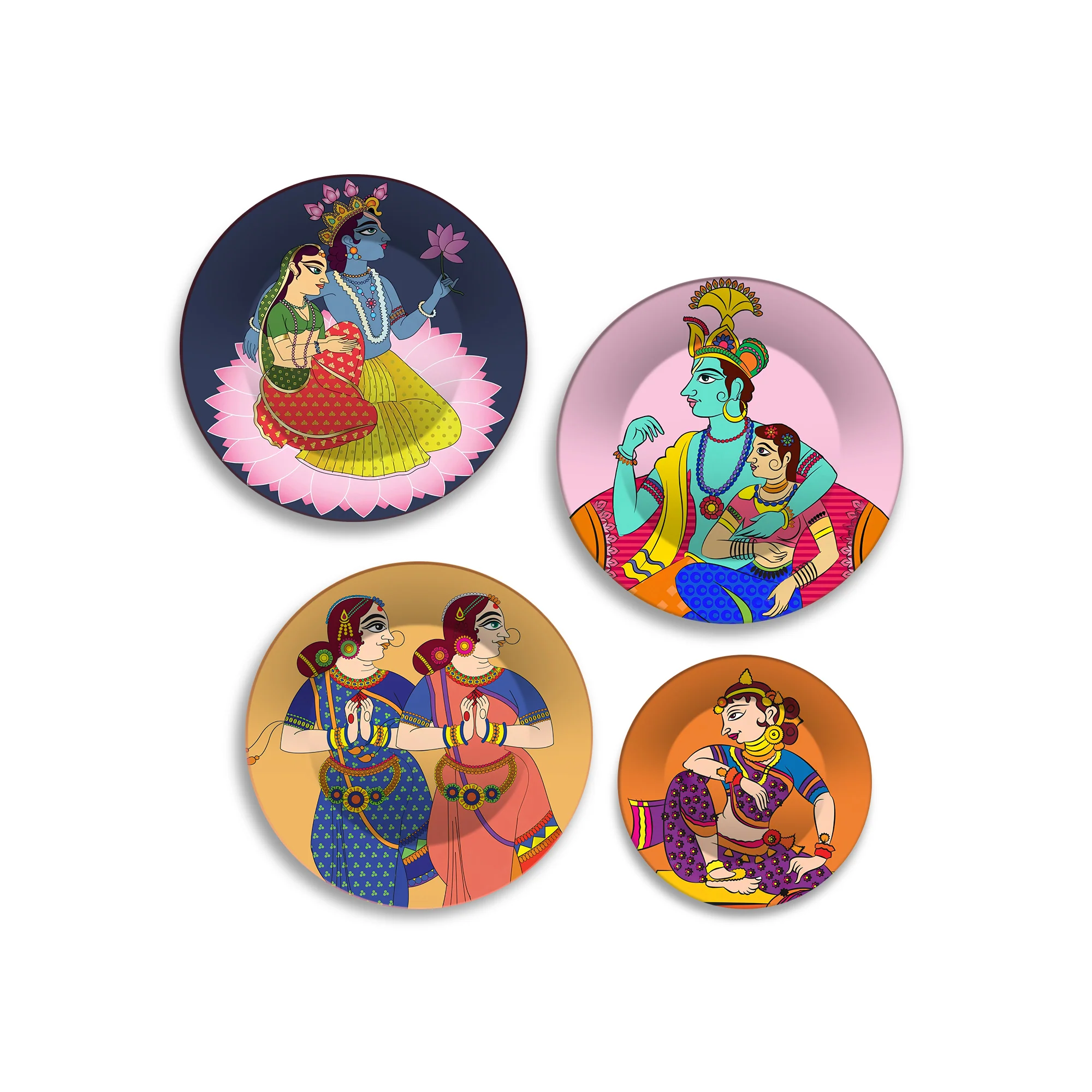 Indian Folk Deity Radha Krishna Premium Wall Plates Painting Set of Four - Image 4