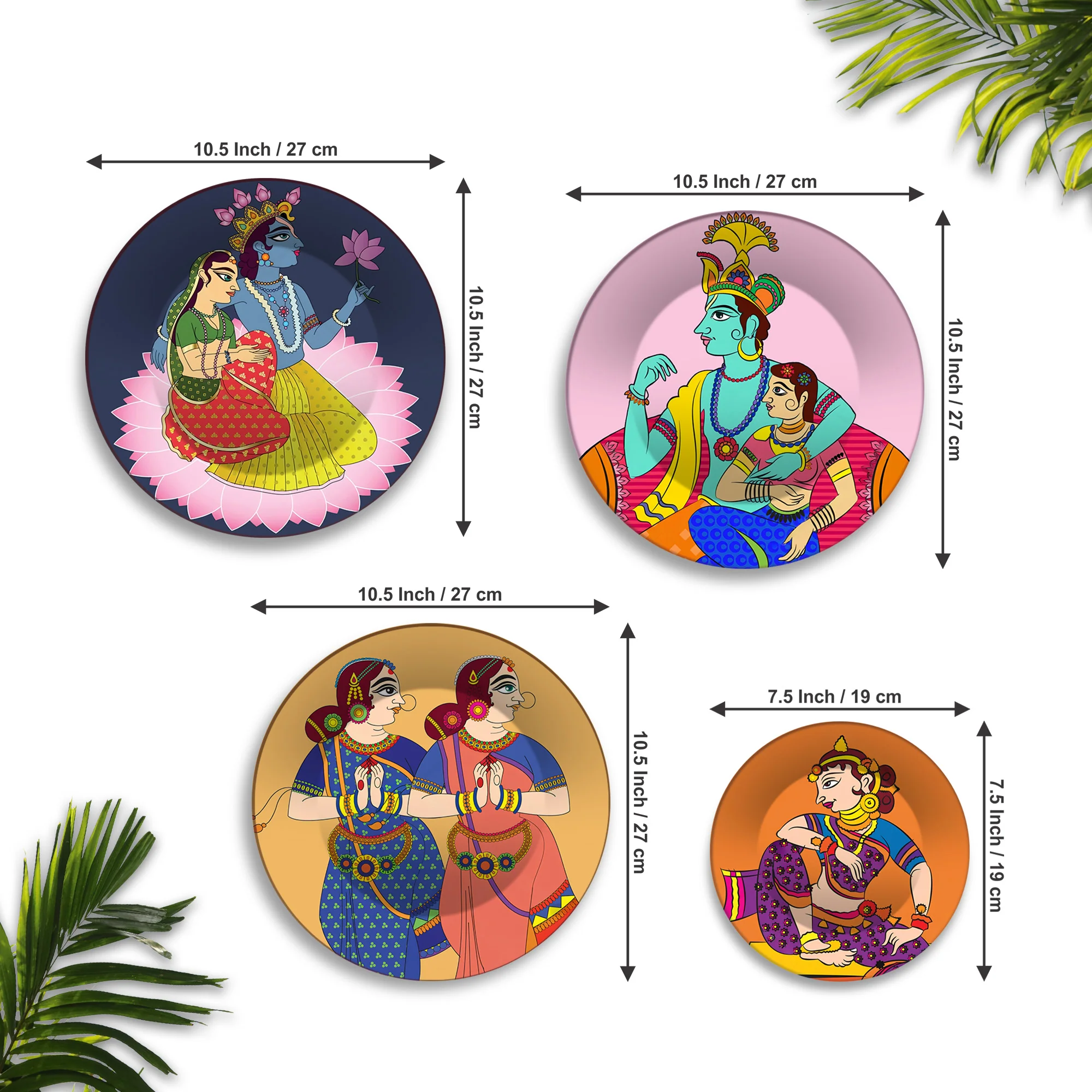Indian Folk Deity Radha Krishna Premium Wall Plates Painting Set of Four - Image 6