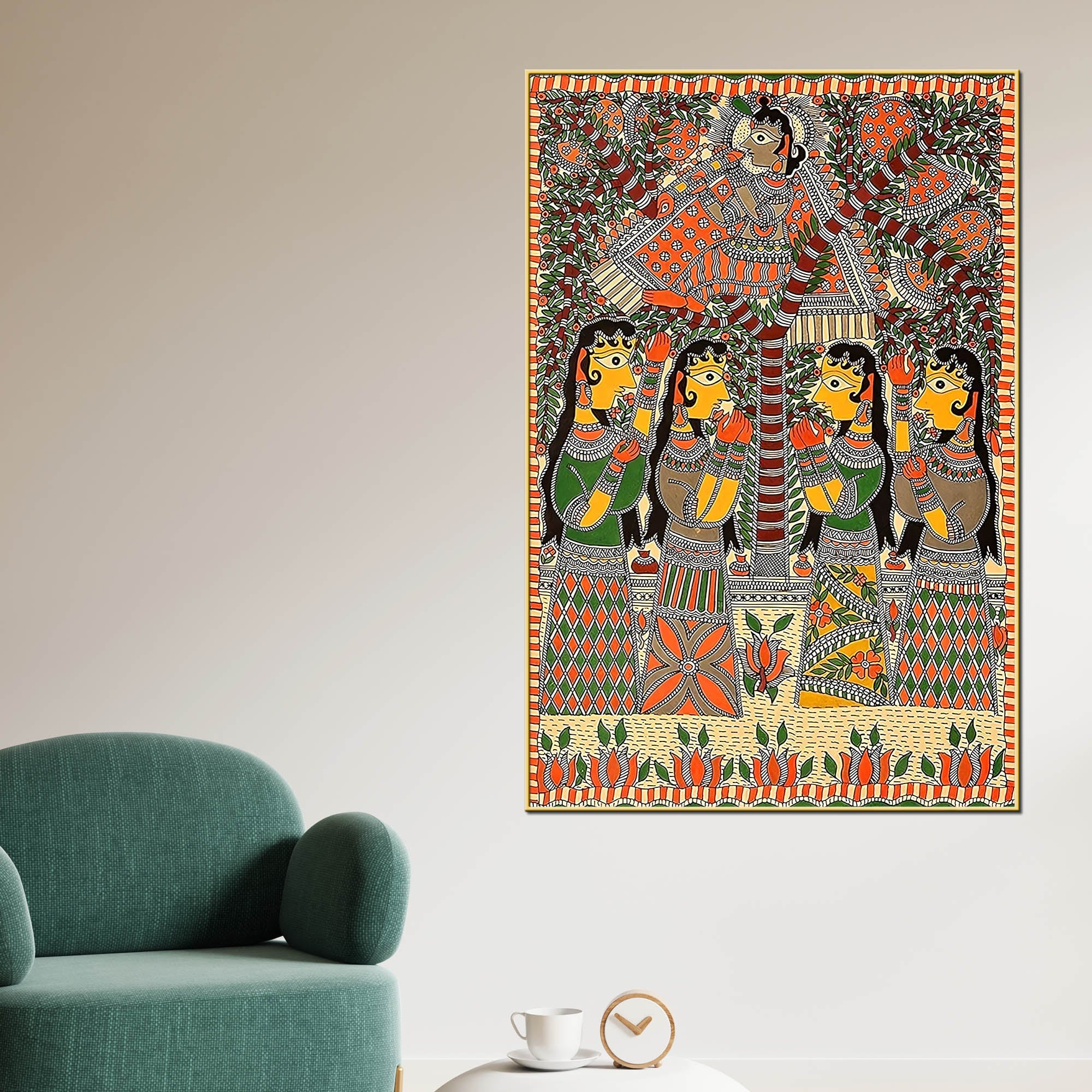 Indian Krishna with Gopis Madhubani Canvas Painting - Image 2