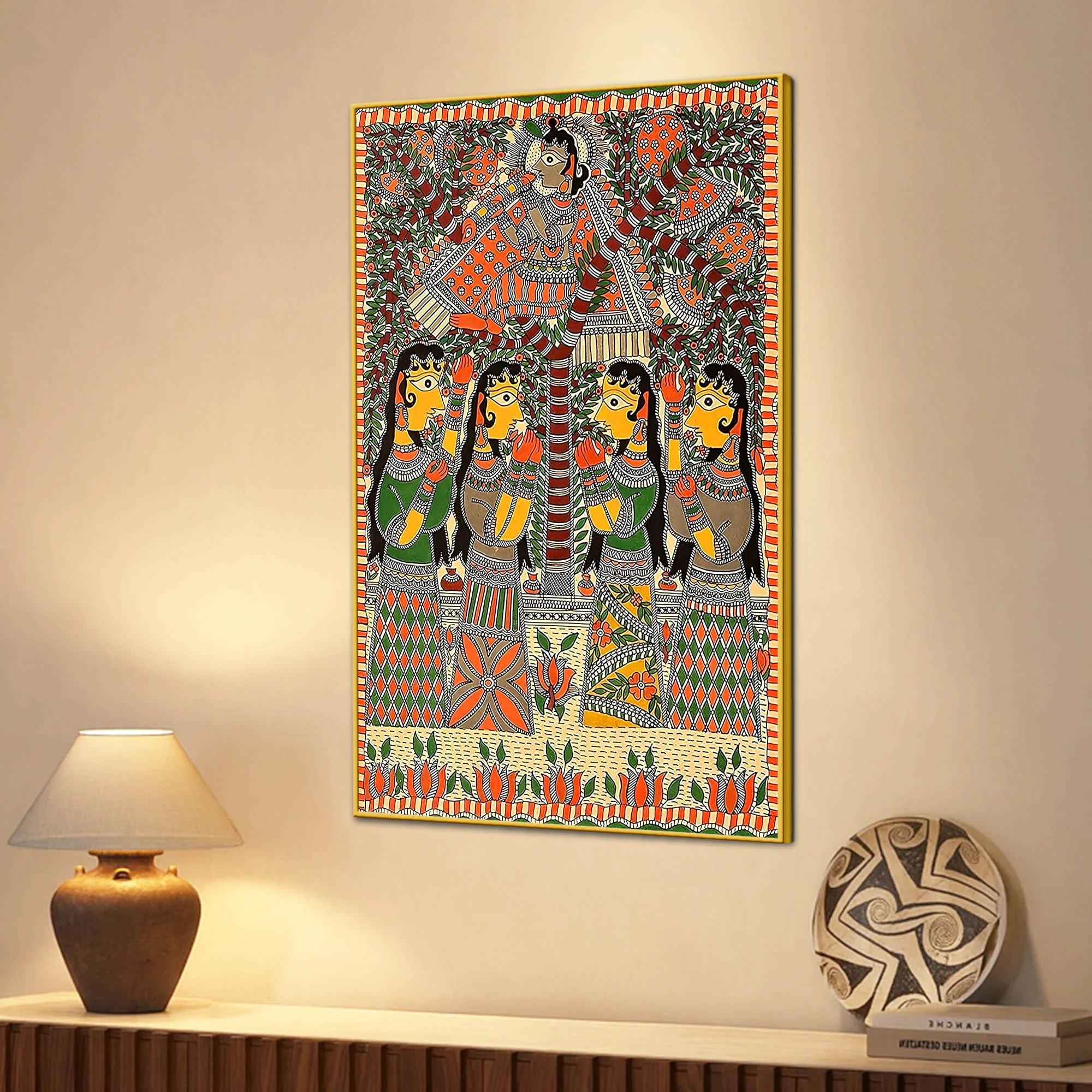 Indian Krishna with Gopis Madhubani Canvas Painting - Image 3