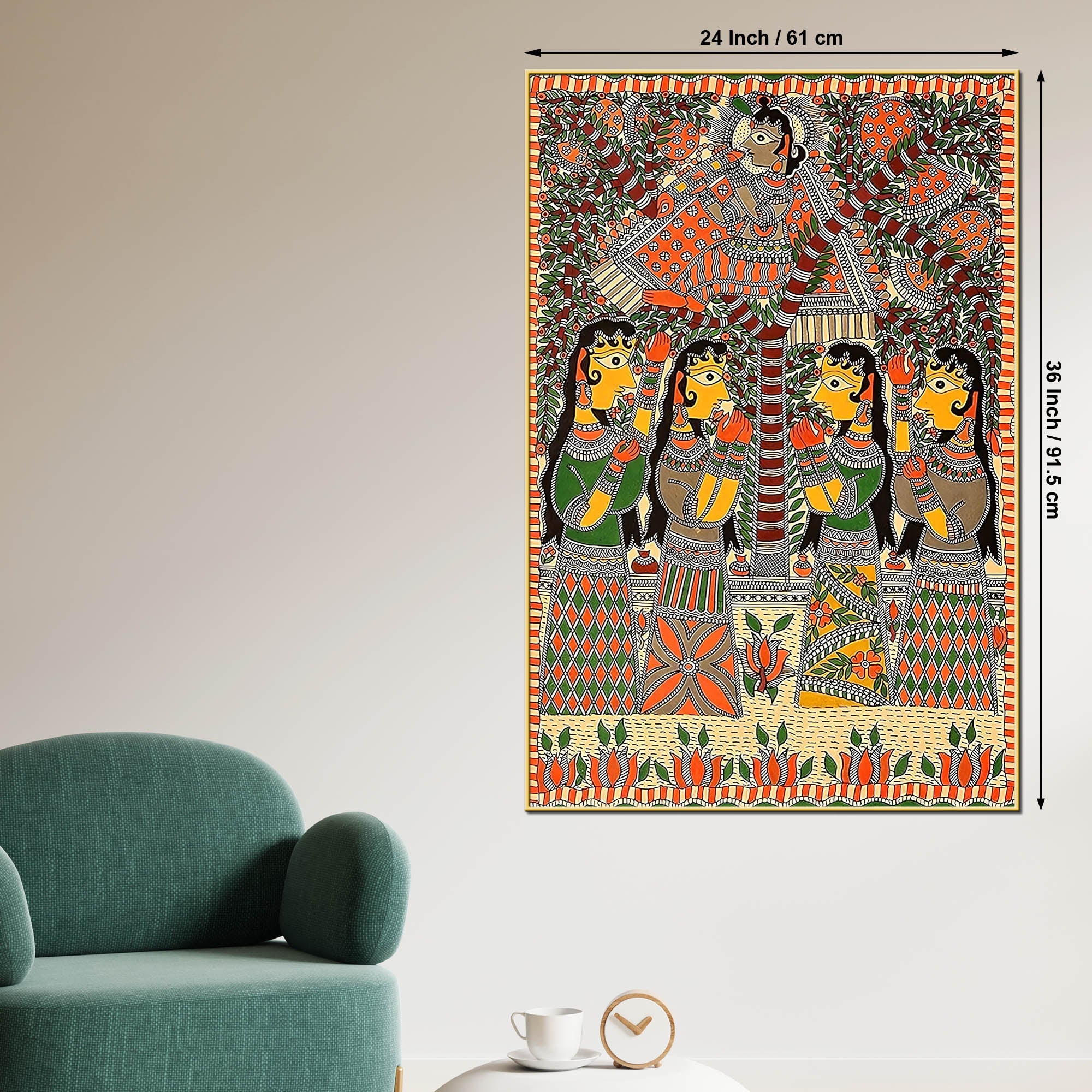 Indian Krishna with Gopis Madhubani Canvas Painting - Image 5