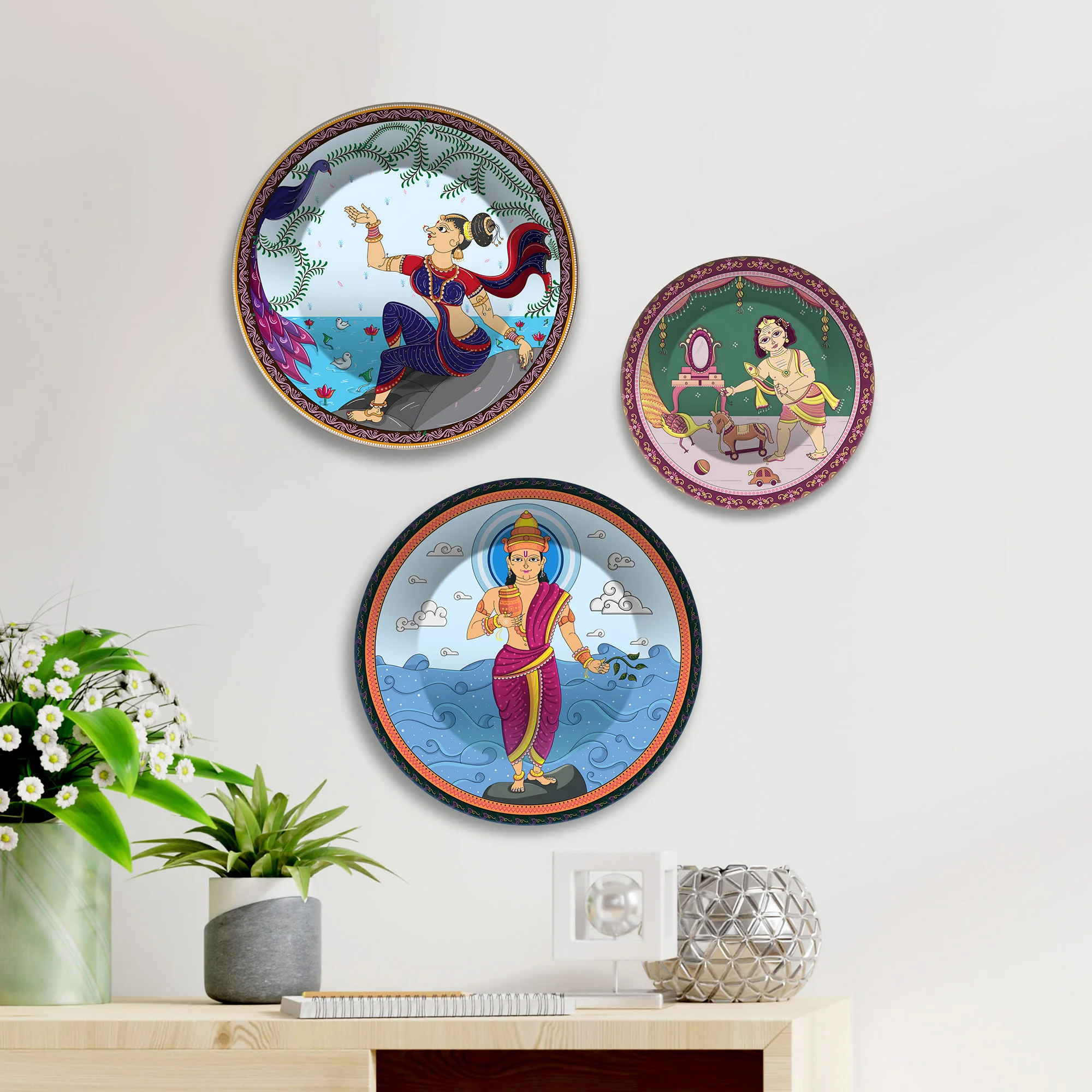 Indian Mythological Divine Tales Premium Wall Plates Painting Set of 3 - Image 3