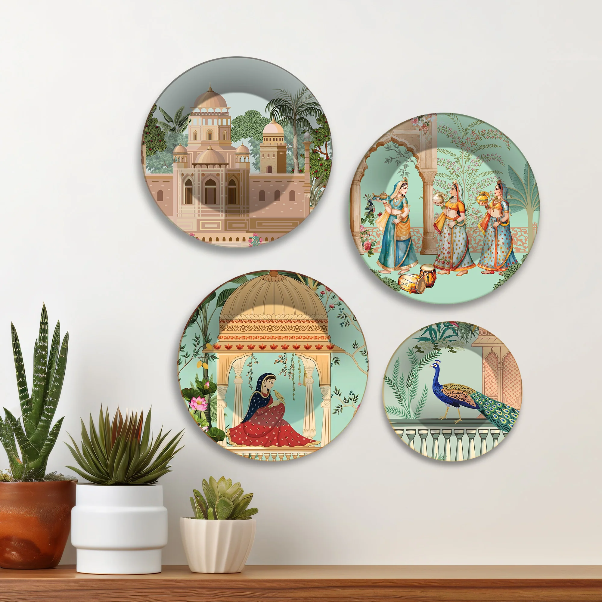 Indian Royal Heritage Architecture Premium Wall Plates Painting Set of Four - Image 2