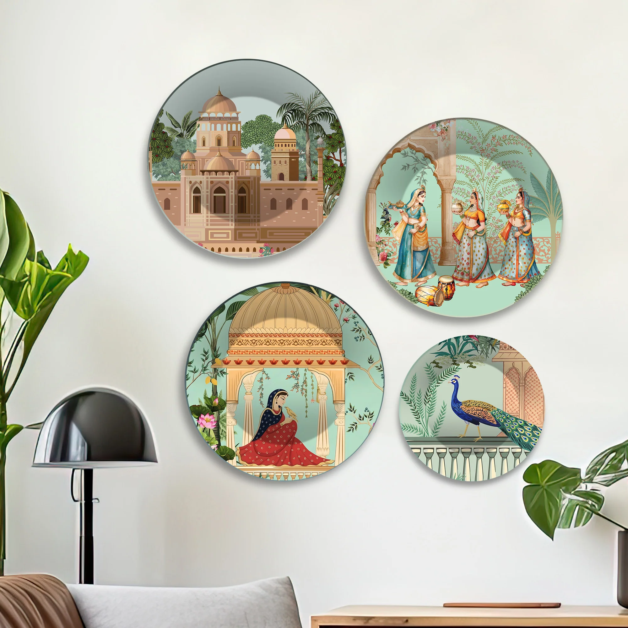 Indian Royal Heritage Architecture Premium Wall Plates Painting Set of Four - Image 4