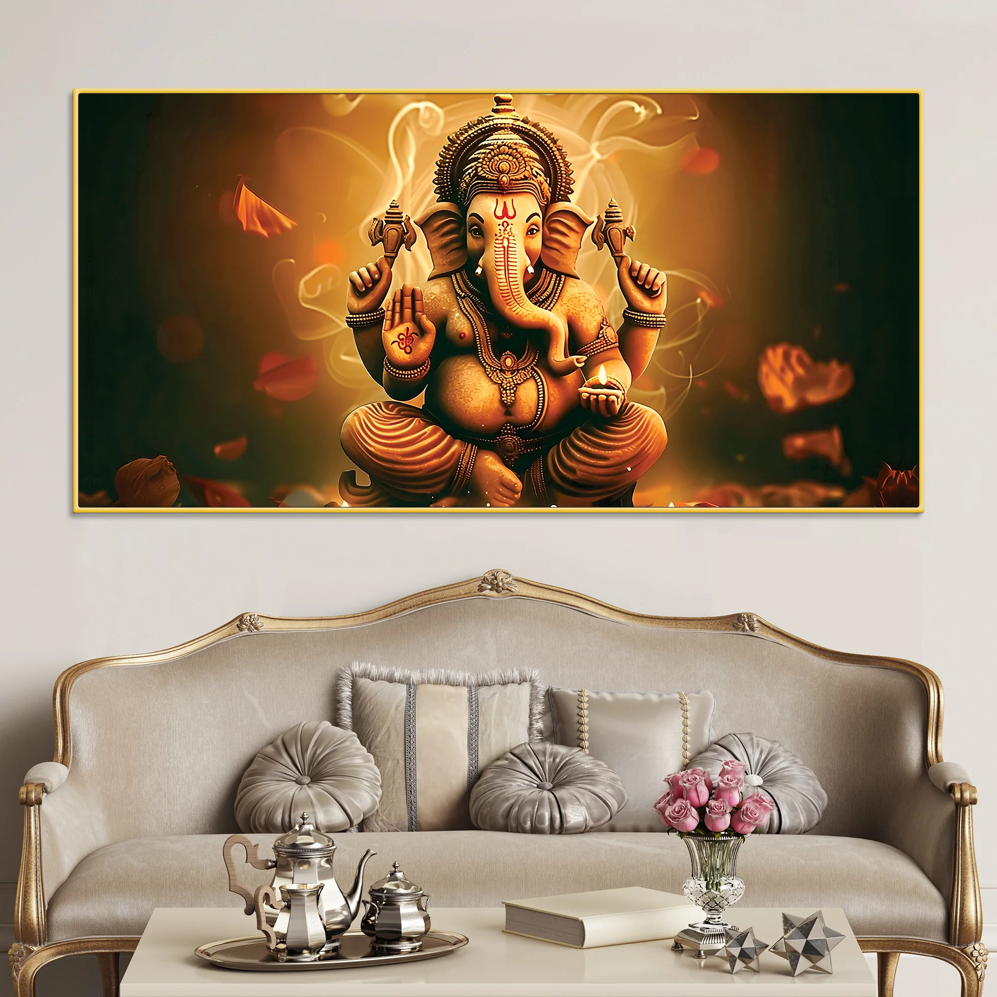 Indian Traditional Lord Shri Ganesh Premium Canvas Wall Painting – Luxury Spiritual Wall Art for Home & Office Decor