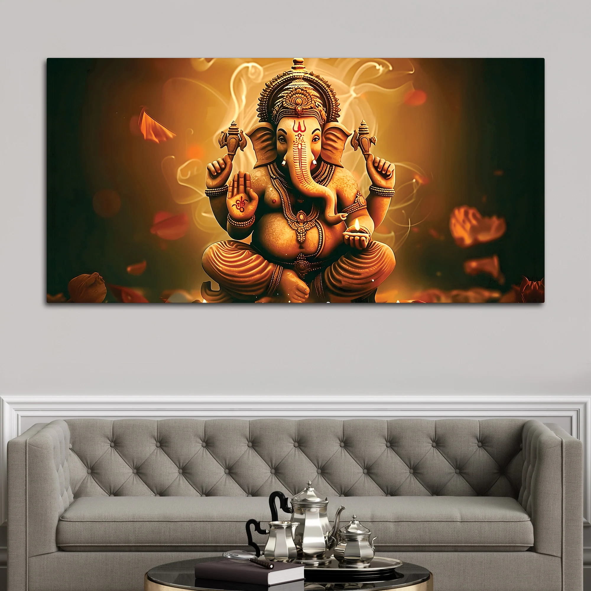 Indian Traditional Lord Shri Ganesh Premium Canvas Wall Painting – Luxury Spiritual Wall Art for Home & Office Decor - Image 2