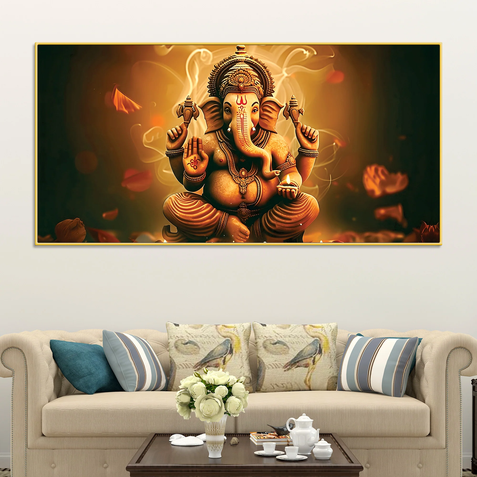 Indian Traditional Lord Shri Ganesh Premium Canvas Wall Painting – Luxury Spiritual Wall Art for Home & Office Decor - Image 3
