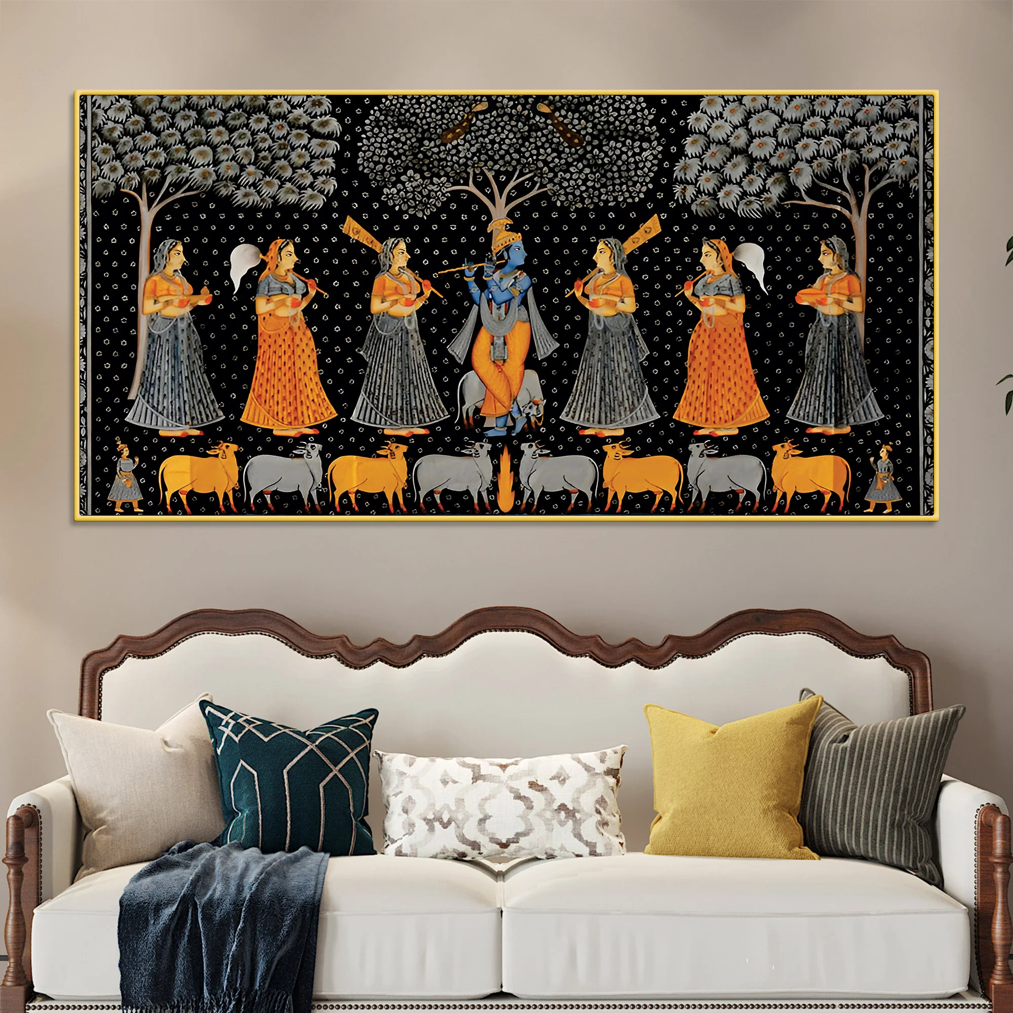 Indian Traditional Pichwai Krishna Raas Leela Wall Painting - Image 2