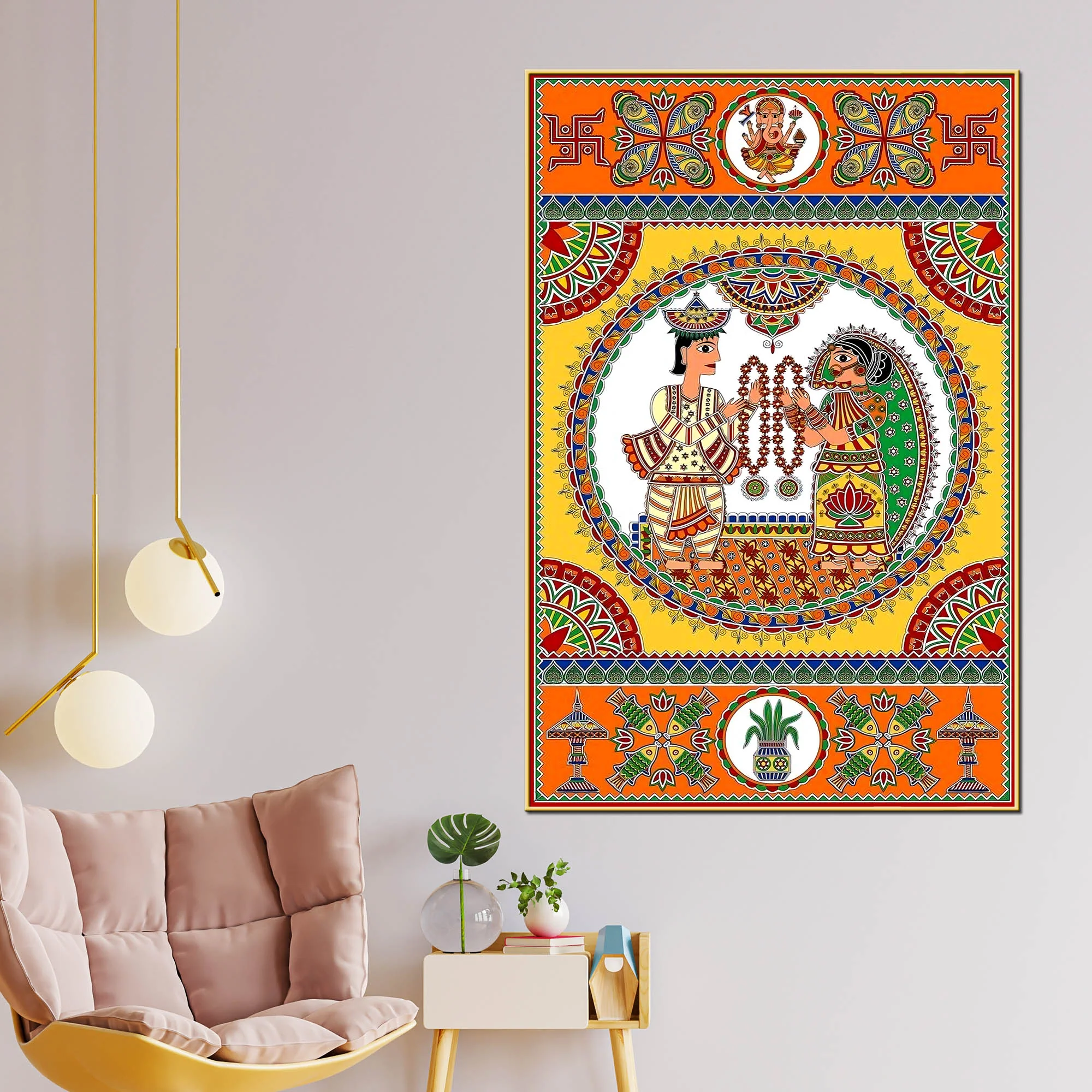 Indian Wedding Madhubani Canvas Painting for Home Wall Decor