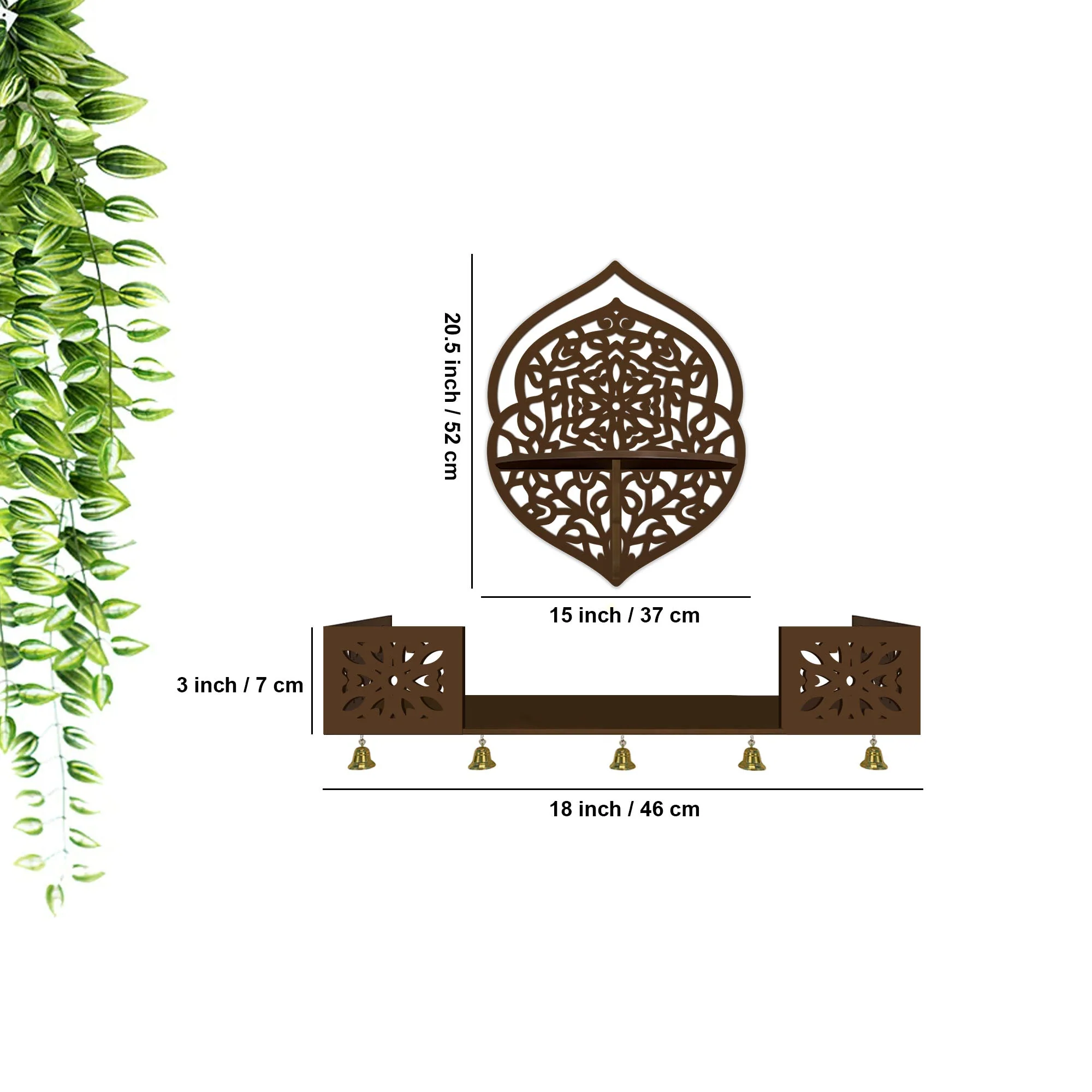Intricate Jali Designer Shaped Wall Hanging Wooden Temple/ Pooja Mandir Design with Shelf, Brown Color - Image 3