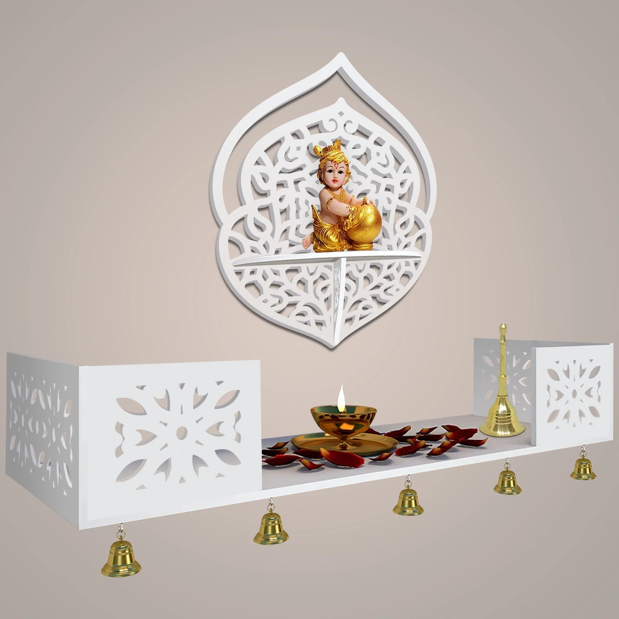 Intricate Jali Designer Shaped Wall Hanging Wooden Temple/ Pooja Mandir Design with Shelf, White Color - Image 2