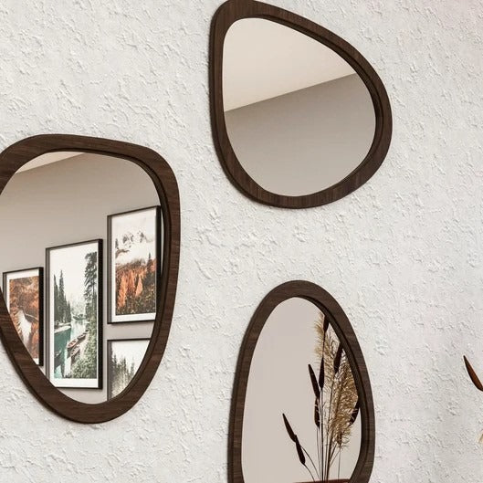 Irregular Wooden Wall Mirror | Modern Organic Shape Home Décor 3-Piece - Image 3