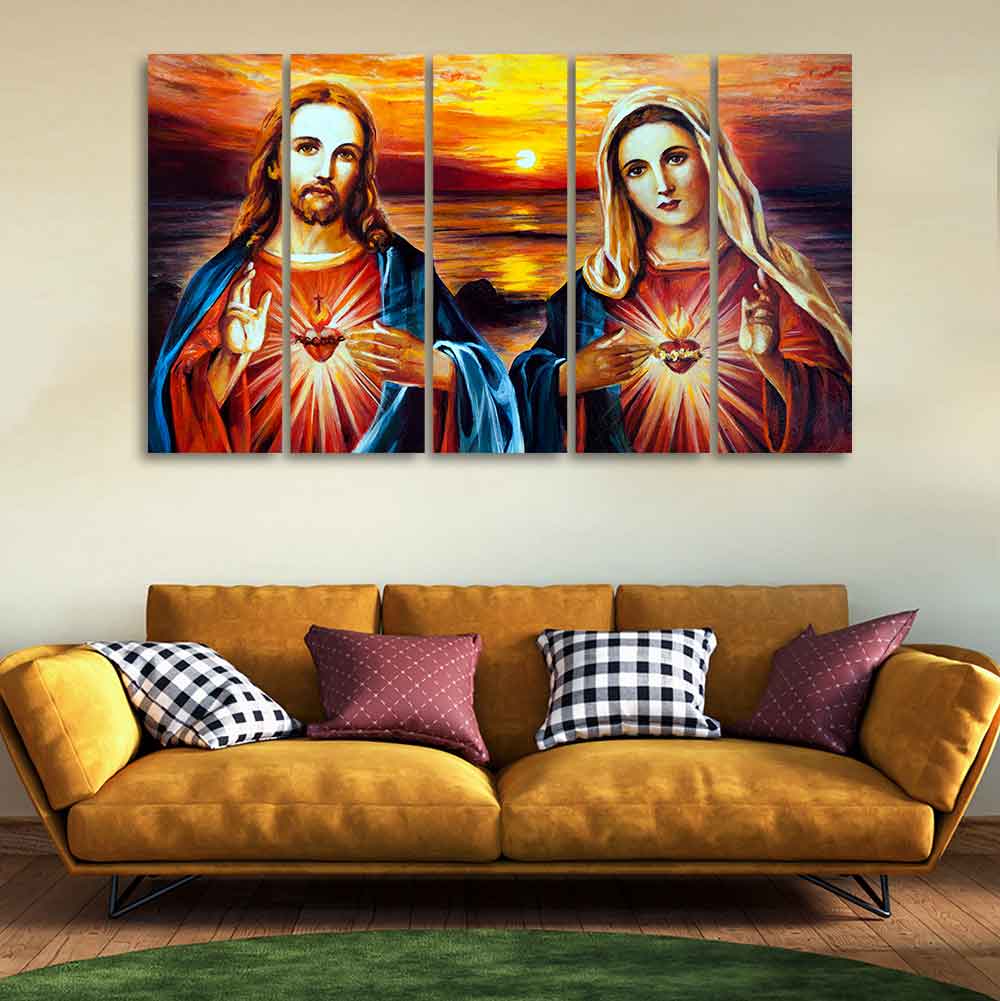 Jesus Christ and Mary Canvas Wall Painting of Five Pieces - Image 2