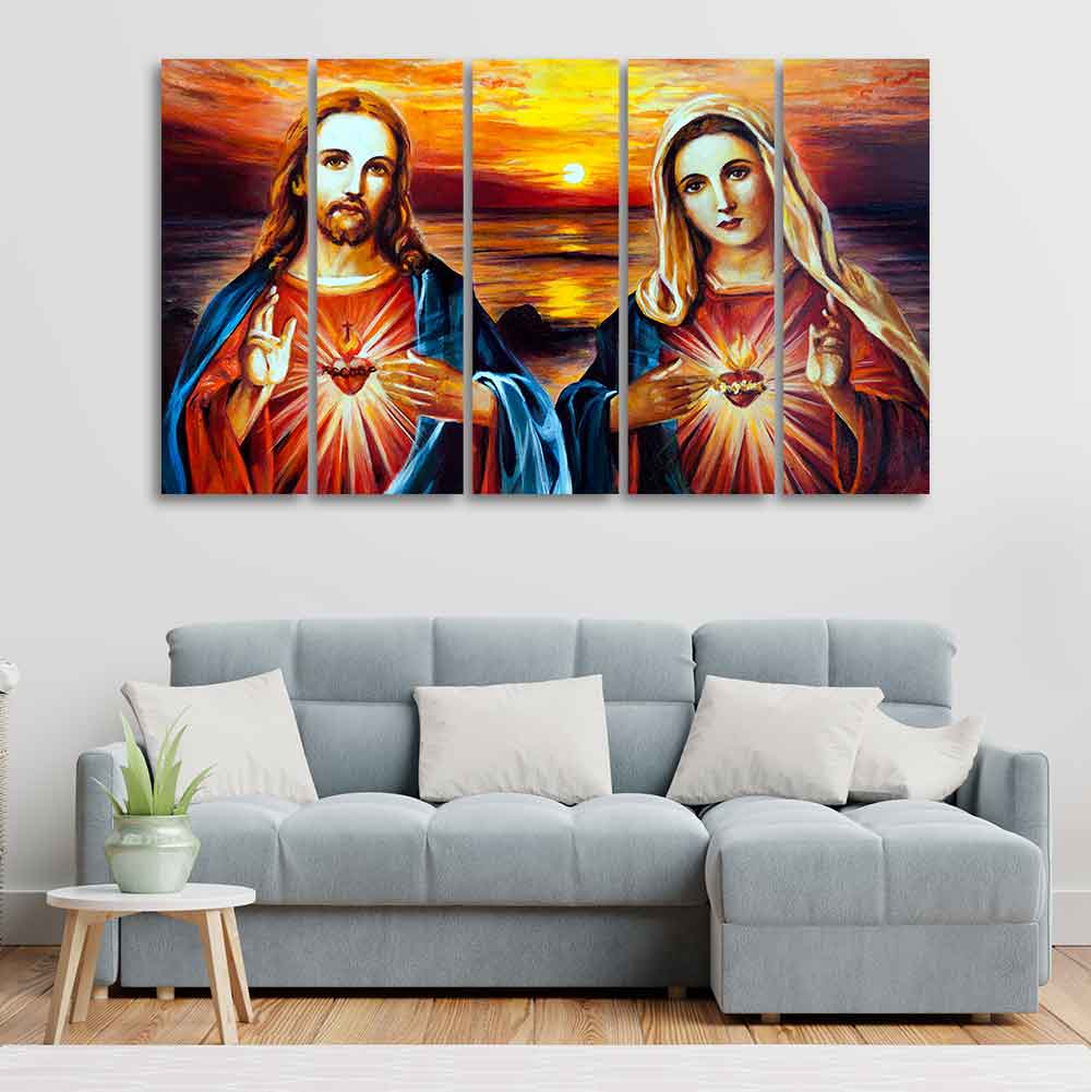Jesus Christ and Mary Canvas Wall Painting of Five Pieces - Image 3