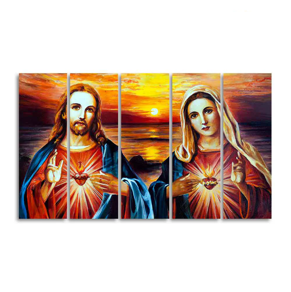 Jesus Christ and Mary Canvas Wall Painting of Five Pieces - Image 4