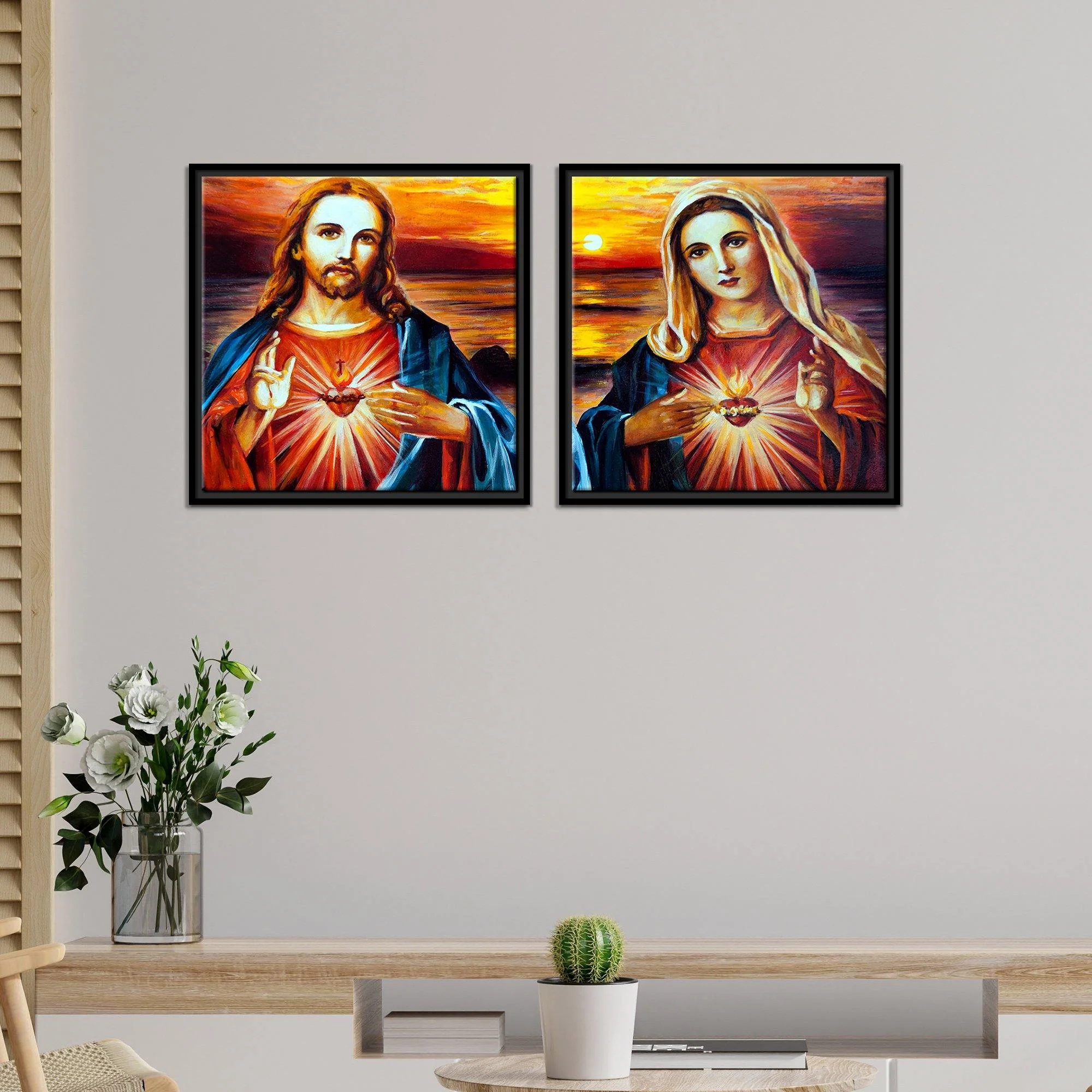 Jesus Christ and Mary Wall Painting of 2 Pieces Floating Frame - Image 3