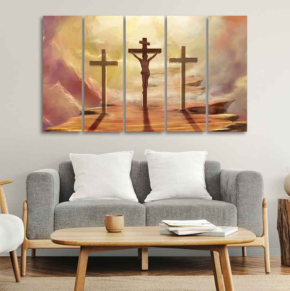 Jesus Cross with Moon Dark Background Five Pieces Canvas Wall Painting - Image 2