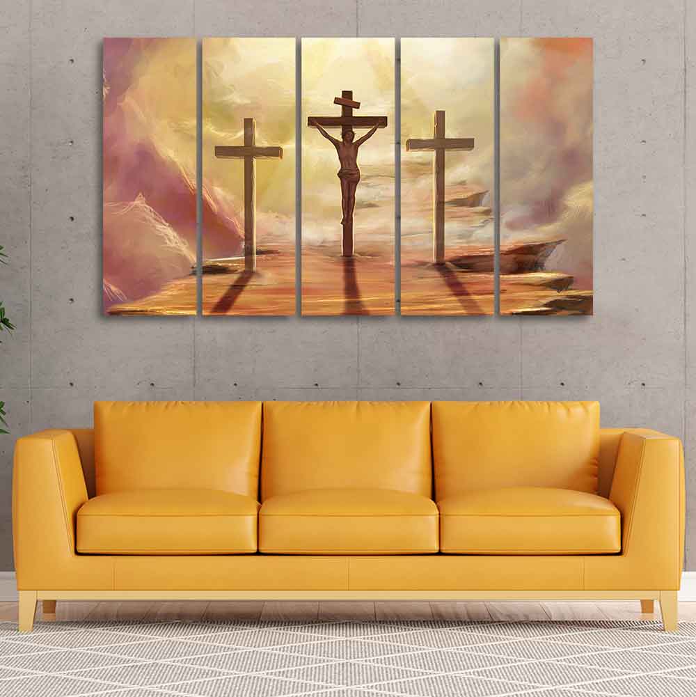 Jesus Cross with Moon Dark Background Five Pieces Canvas Wall Painting - Image 3