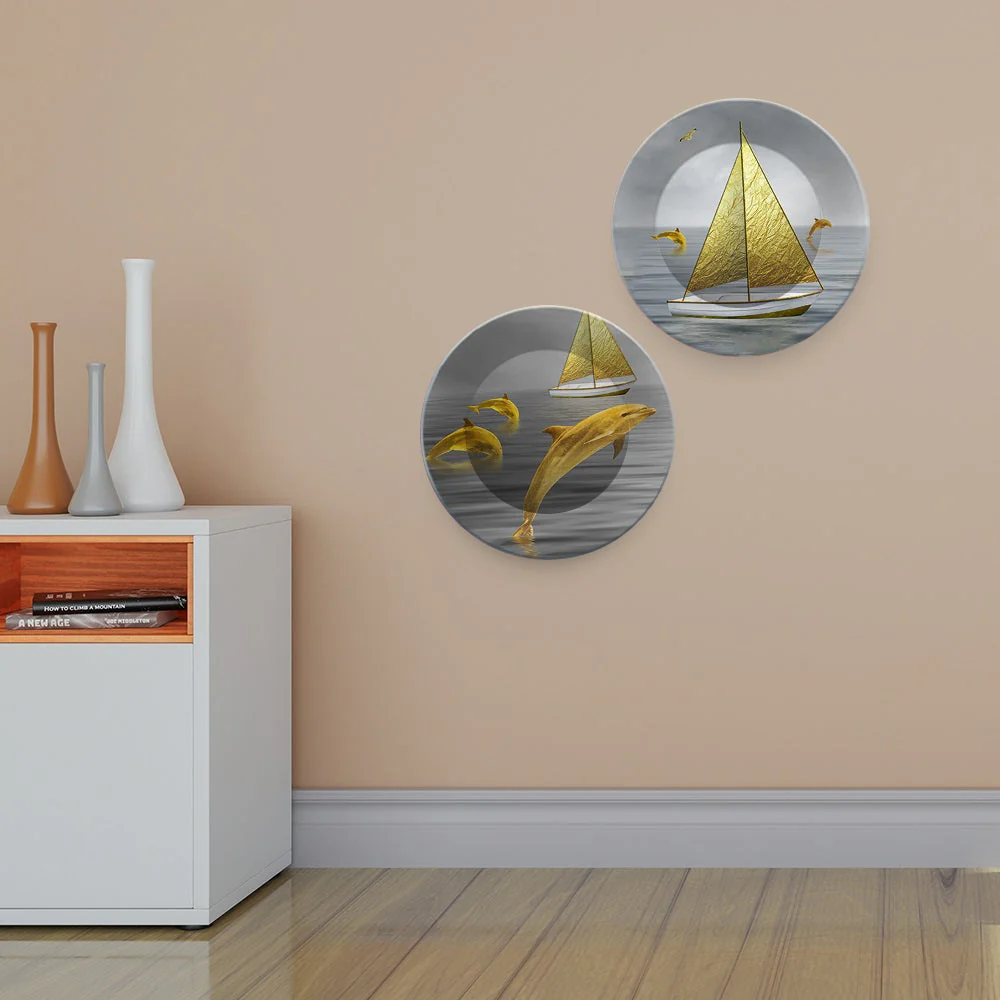 Jumping Dolphin in the Ocean Wall Hanging Plates of Two Pieces - Image 2
