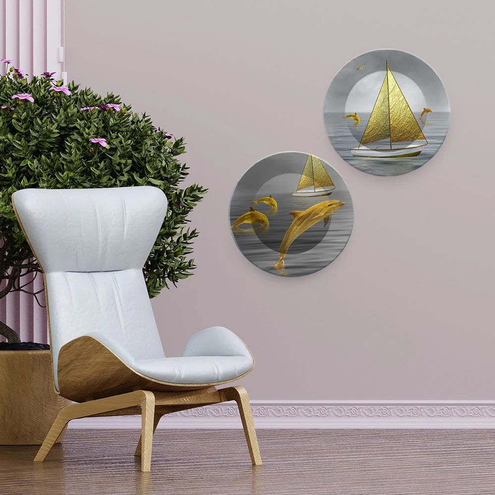 Jumping Dolphin in the Ocean Wall Hanging Plates of Two Pieces - Image 3