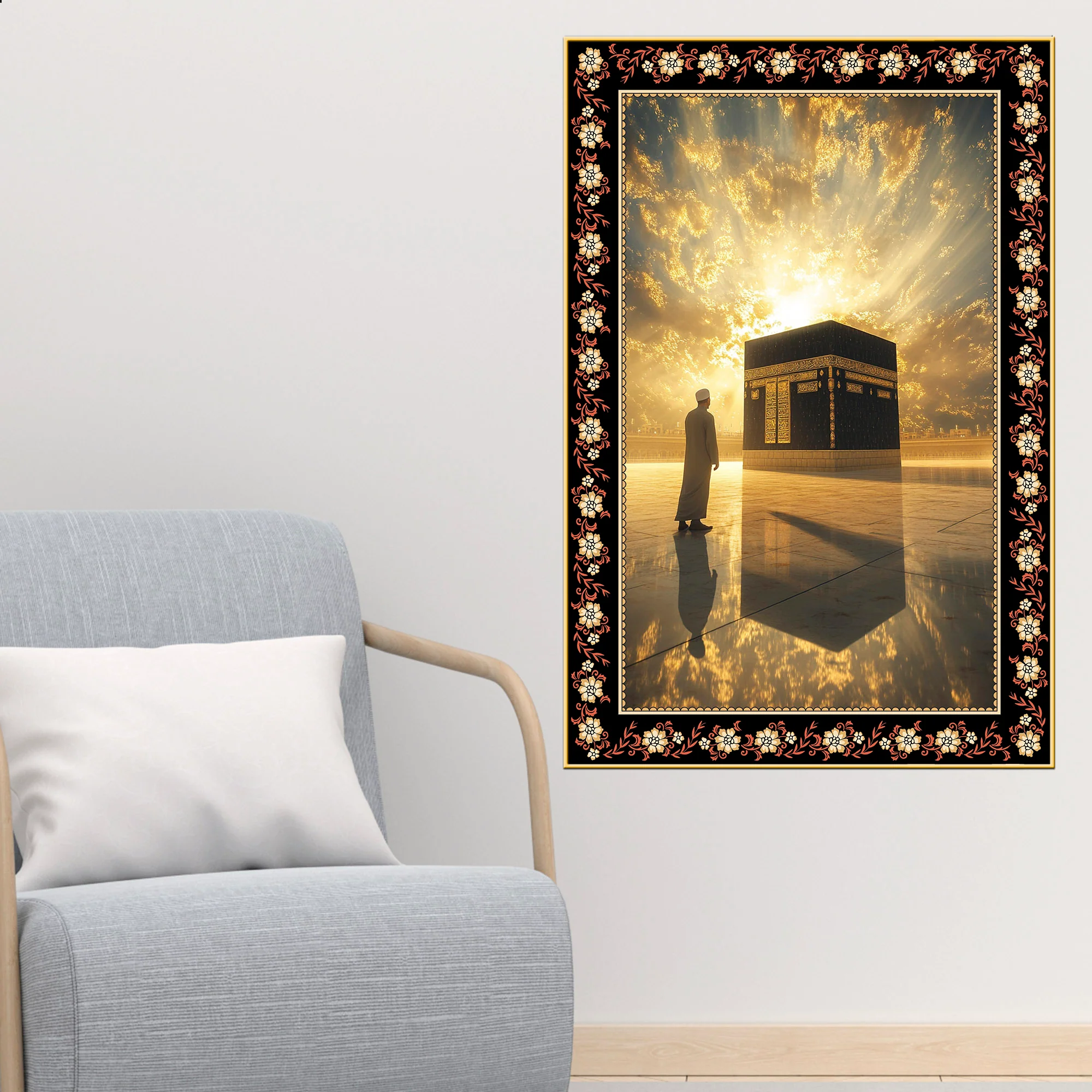Kaaba at Mecca in Sunrise Floral Border Vertical Wall Painting - Image 2