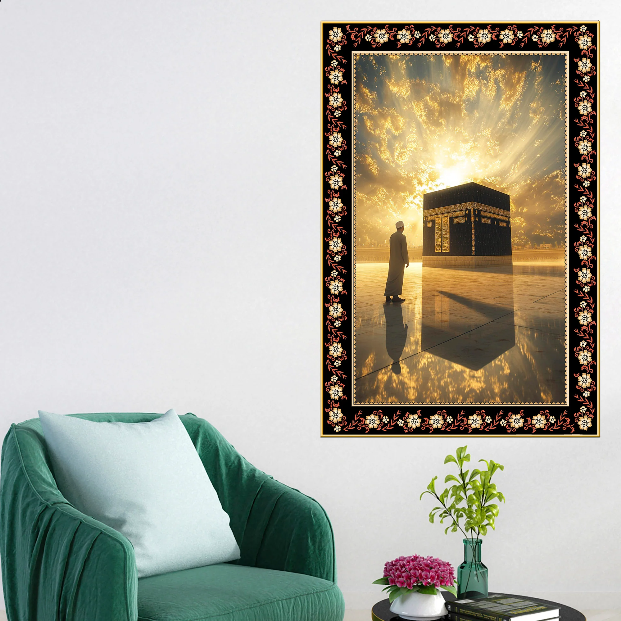 Kaaba at Mecca in Sunrise Floral Border Vertical Wall Painting - Image 3