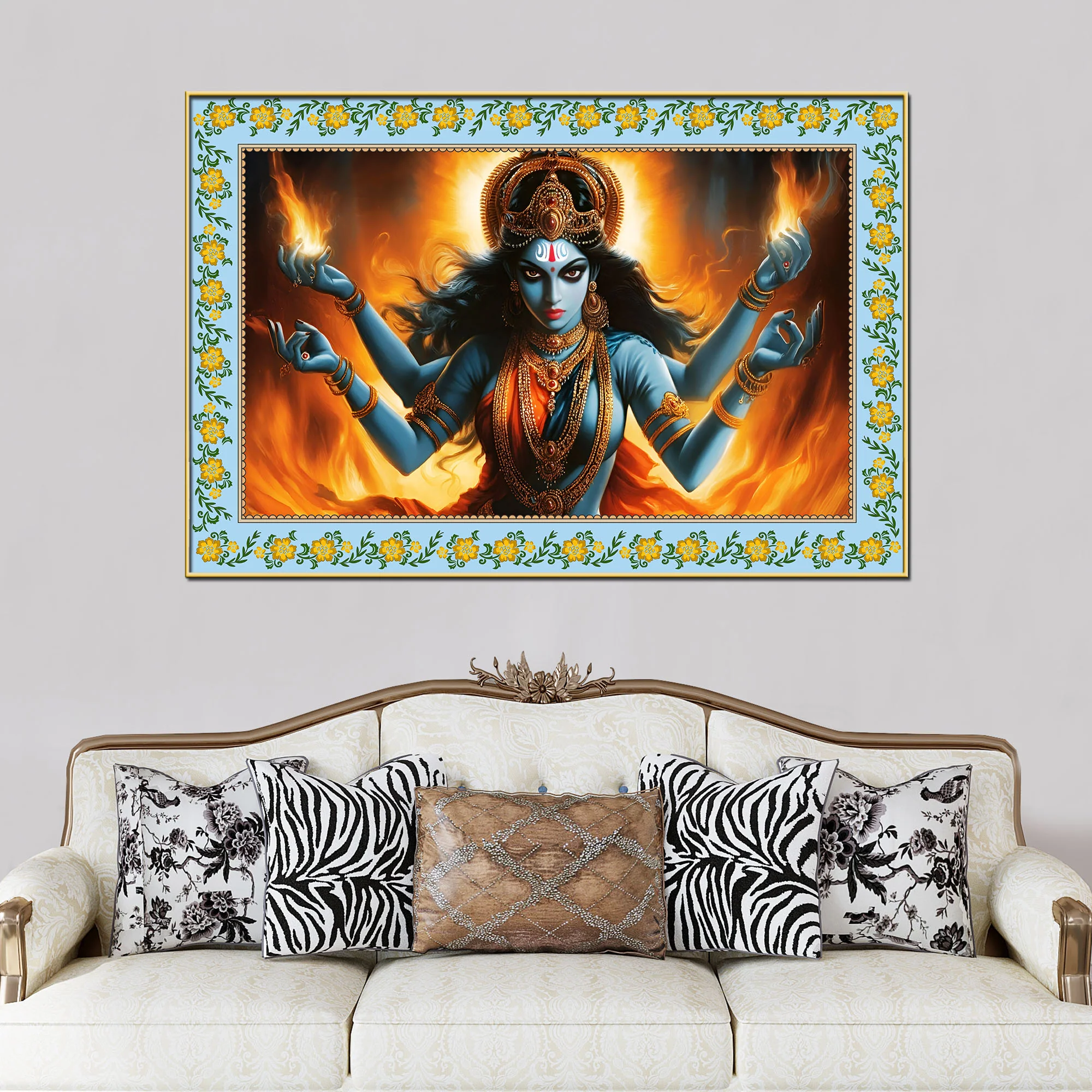 Kali Hindu Goddess Floral Border Canvas Wall Painting - Image 2