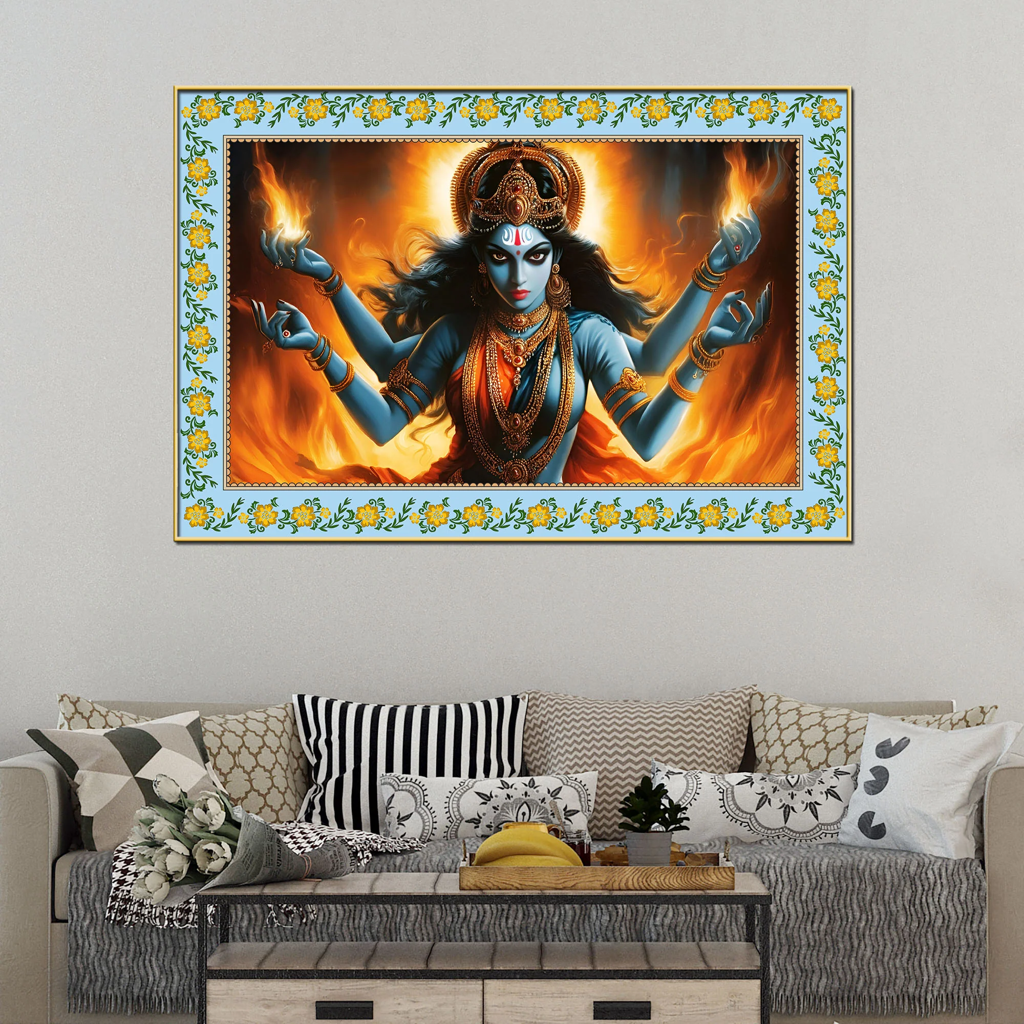 Kali Hindu Goddess Floral Border Canvas Wall Painting - Image 3