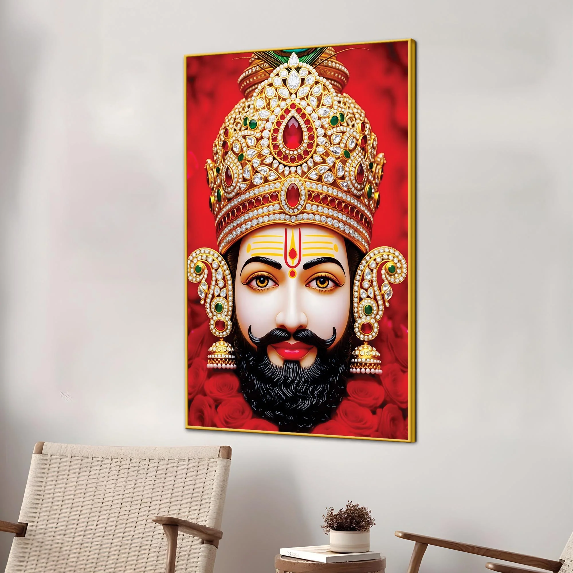 Khatu Shyam Ji Red Background Canvas Painting | Devotional Wall Art - Image 3