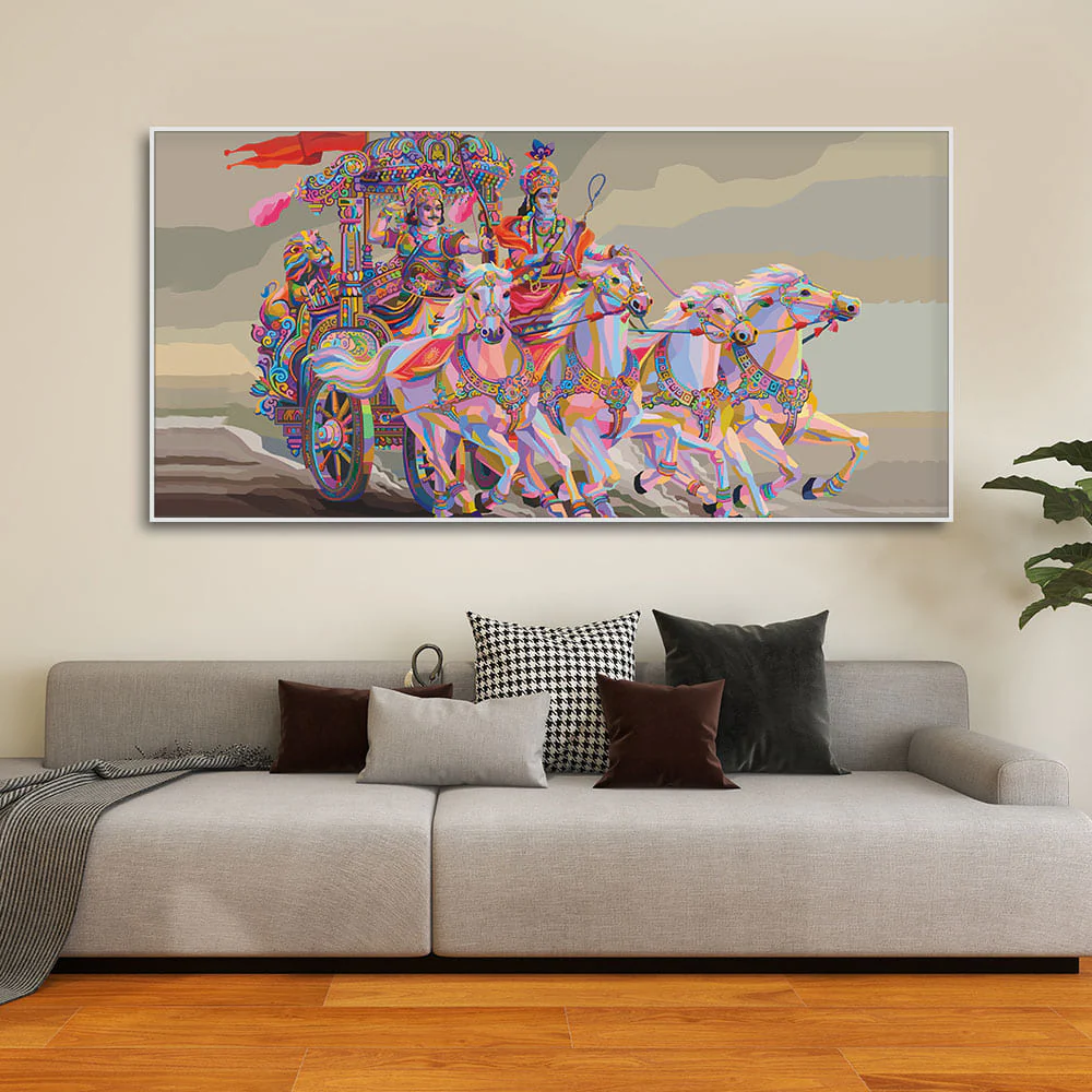 Krishna and Arjuna at Battlefield of Mahabharata Premium Wall Painting - Image 3