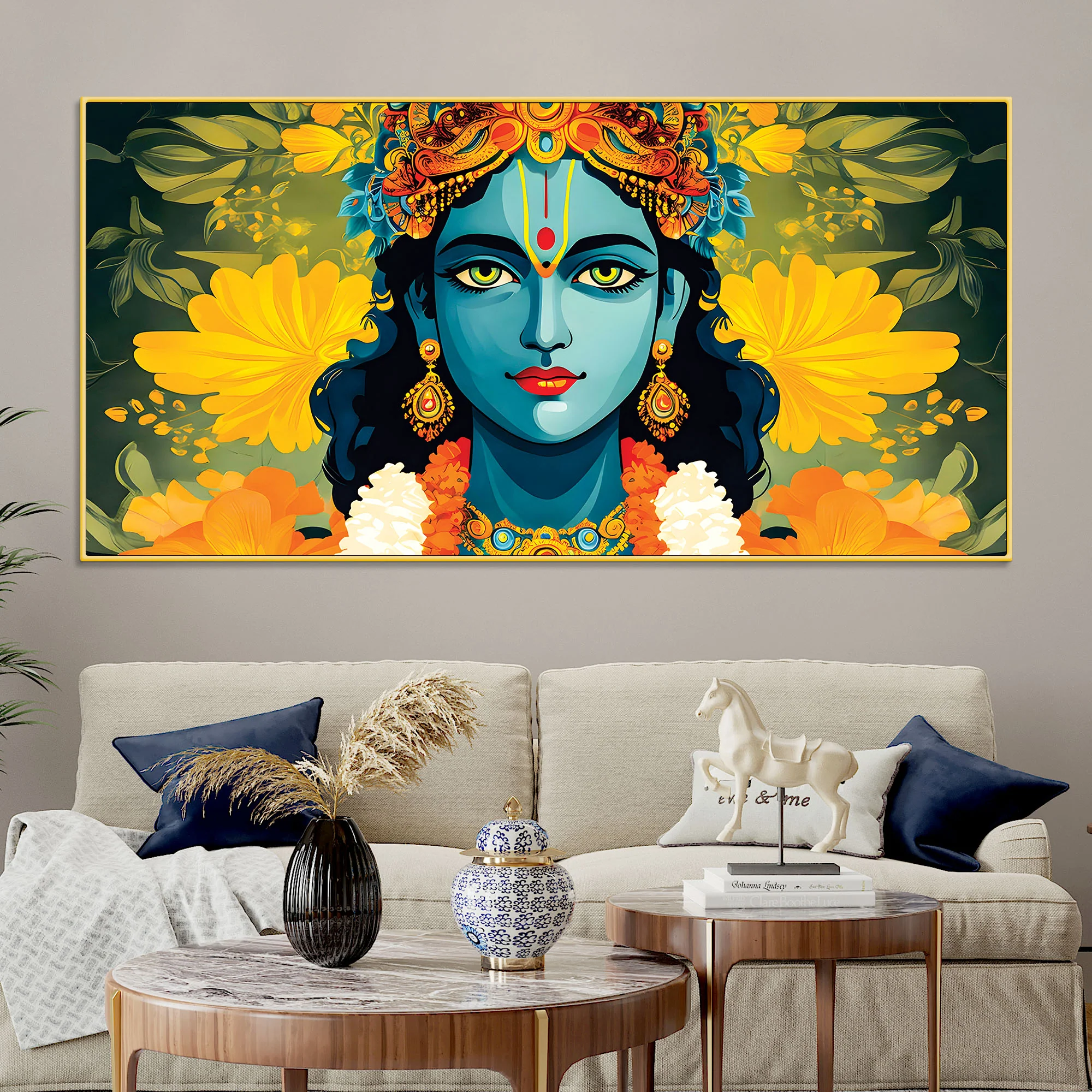 Krishna Divine Face with Flowers Wall Painting - Image 2