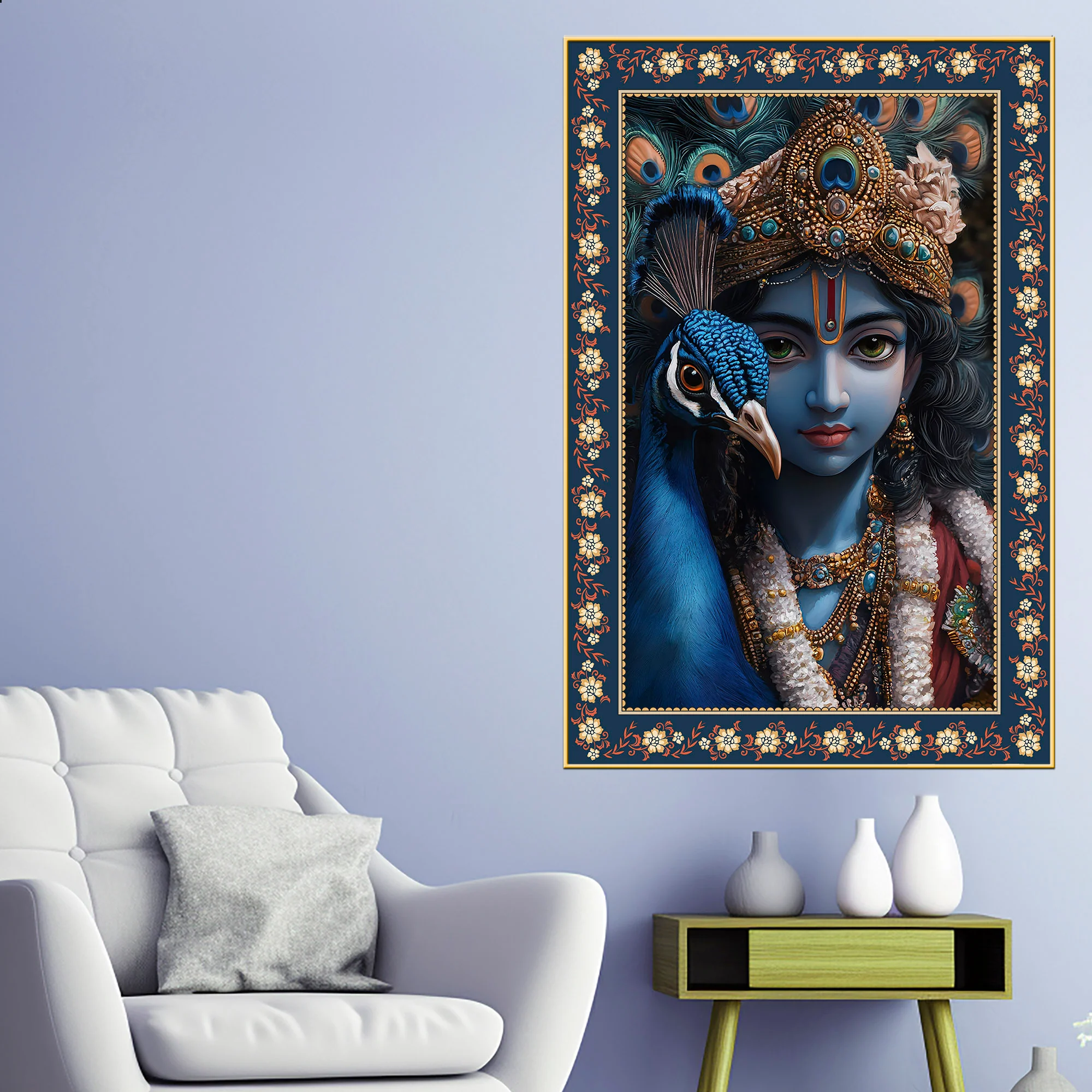 Krishna Grace Feathered Friend Floral Border Vertical Wall Painting - Image 2