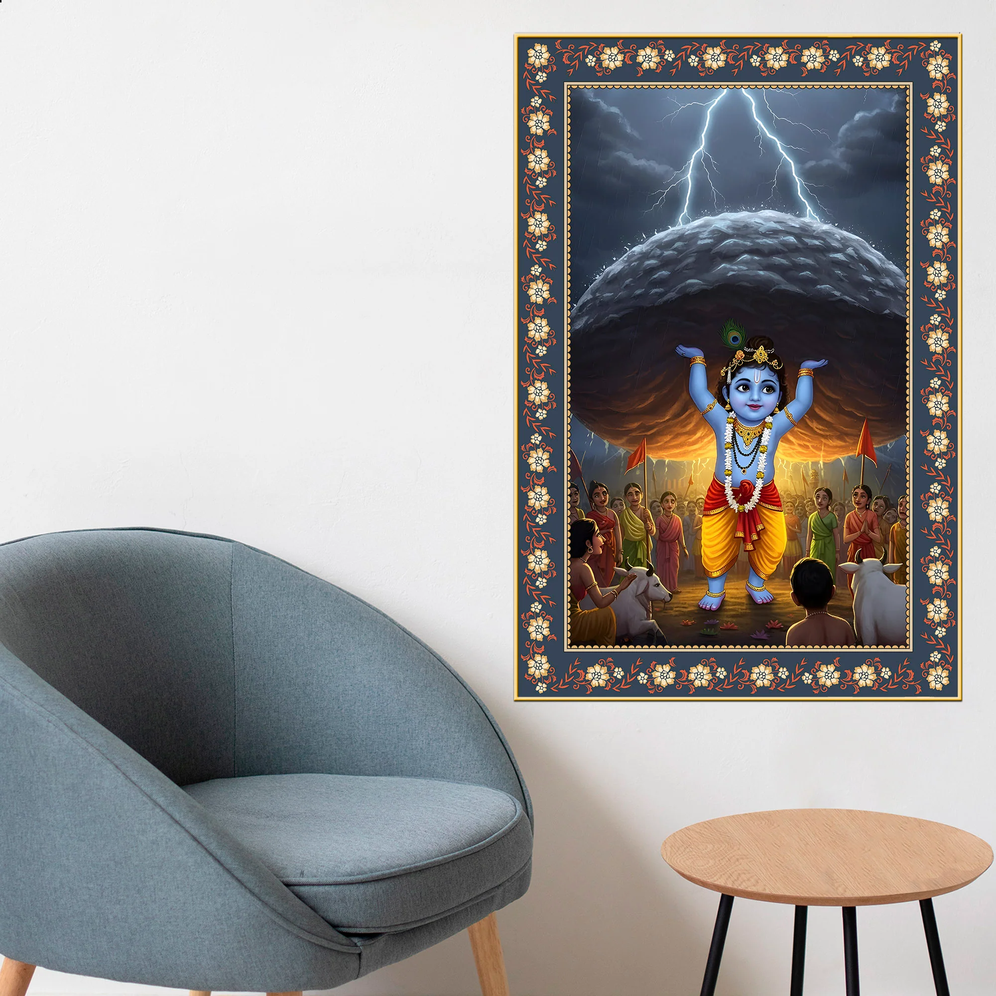 Krishna lifting Mount Govardhana Floral Border Vertical Wall Painting - Image 2