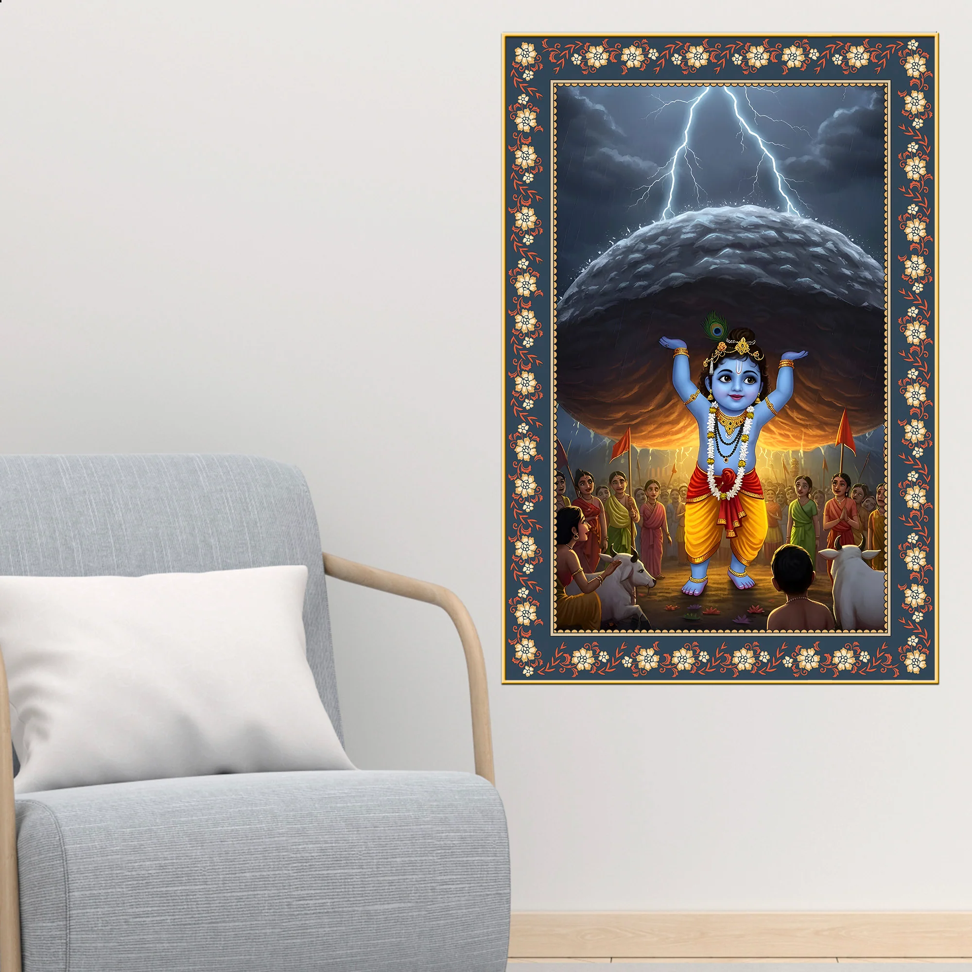 Krishna lifting Mount Govardhana Floral Border Vertical Wall Painting - Image 3
