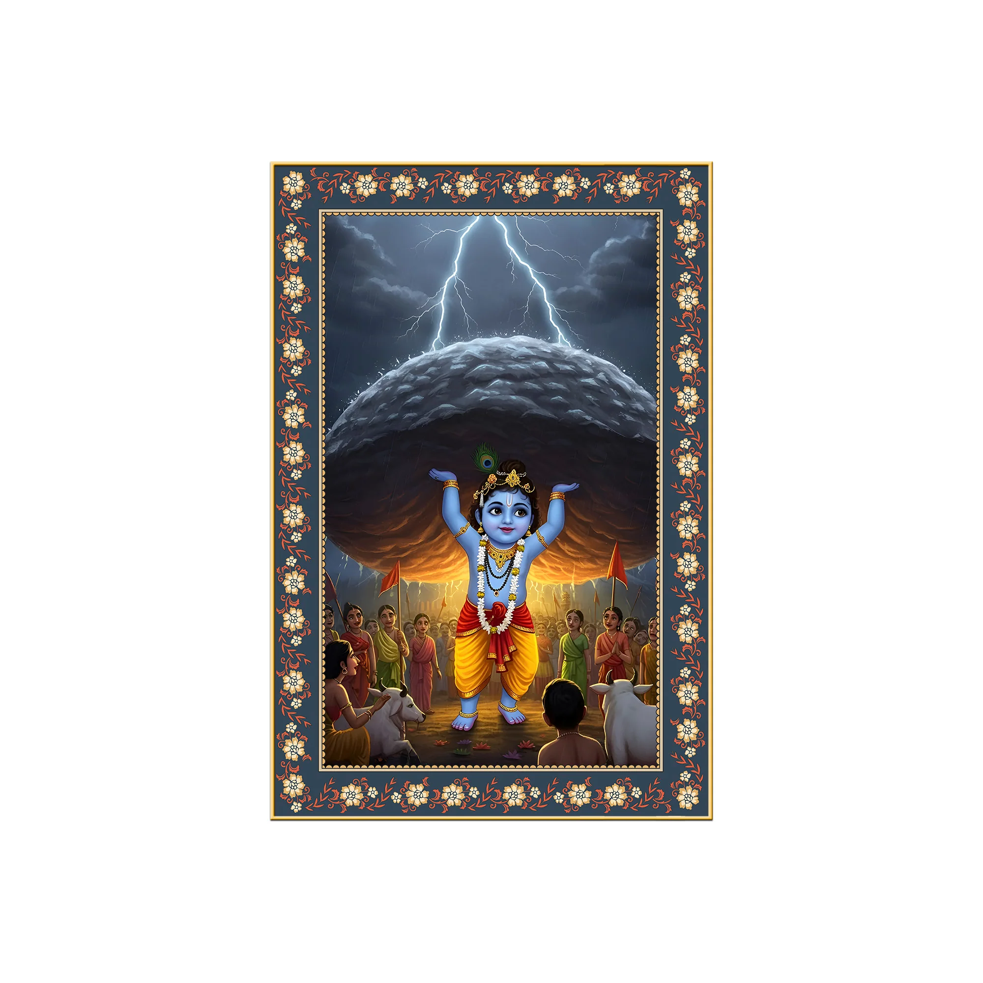 Krishna lifting Mount Govardhana Floral Border Vertical Wall Painting - Image 4