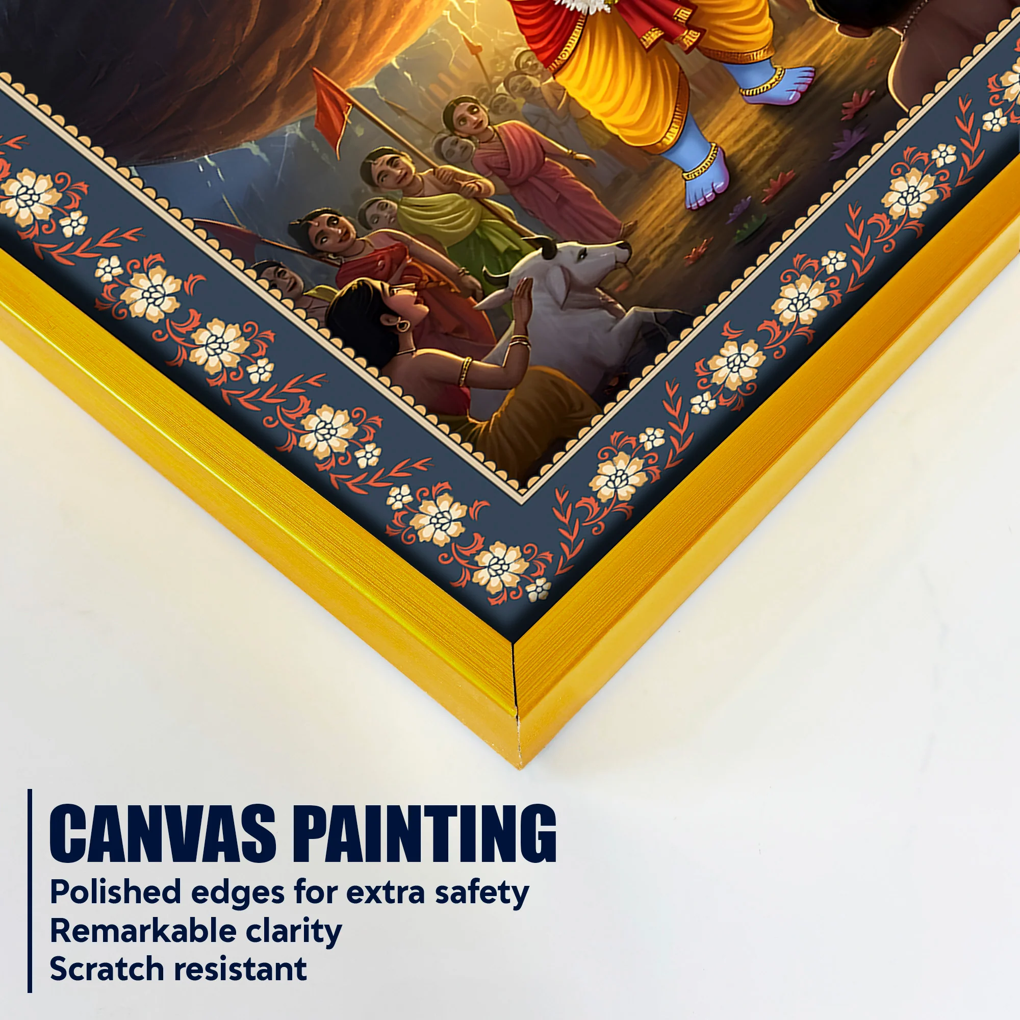 Krishna lifting Mount Govardhana Floral Border Vertical Wall Painting - Image 5