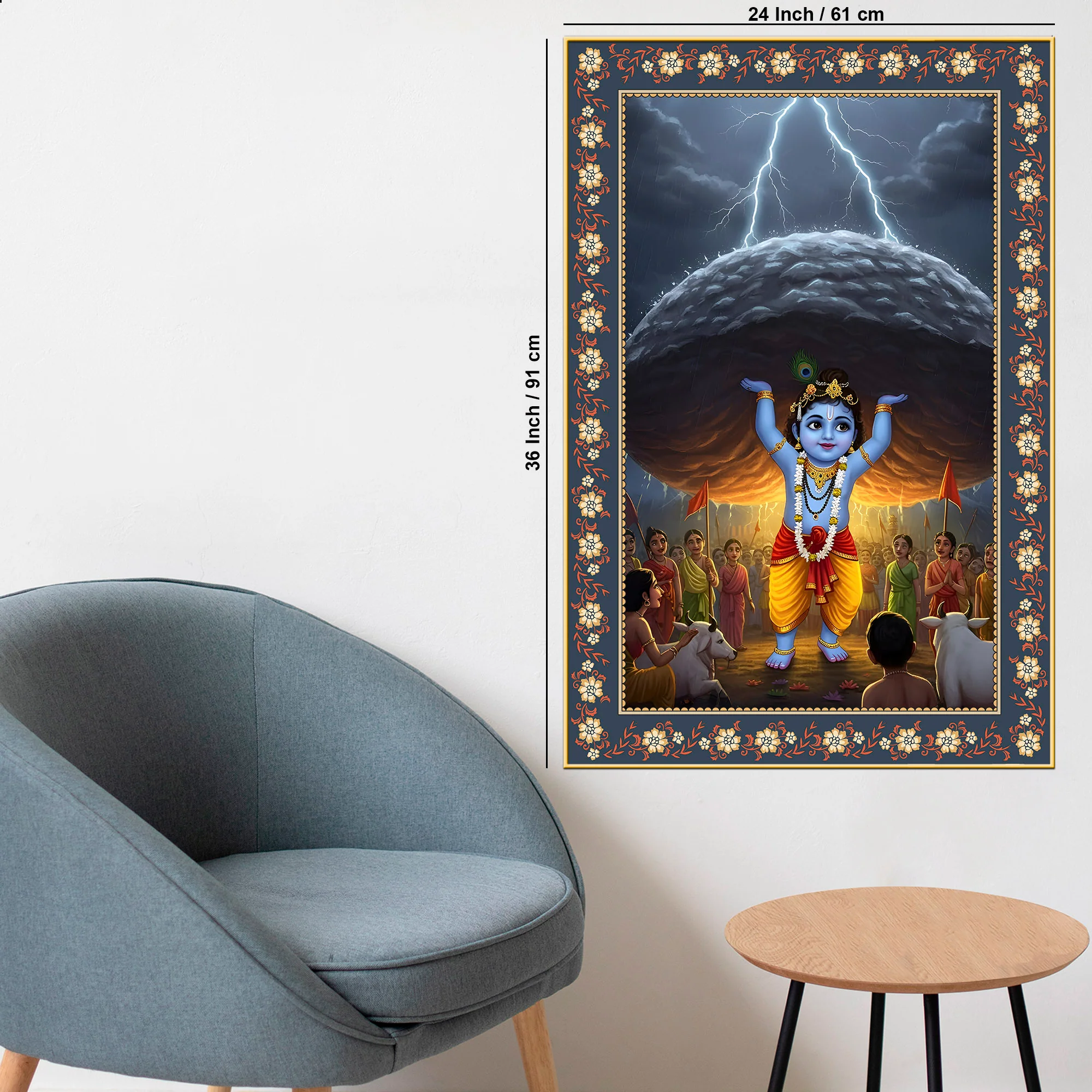 Krishna lifting Mount Govardhana Floral Border Vertical Wall Painting - Image 6
