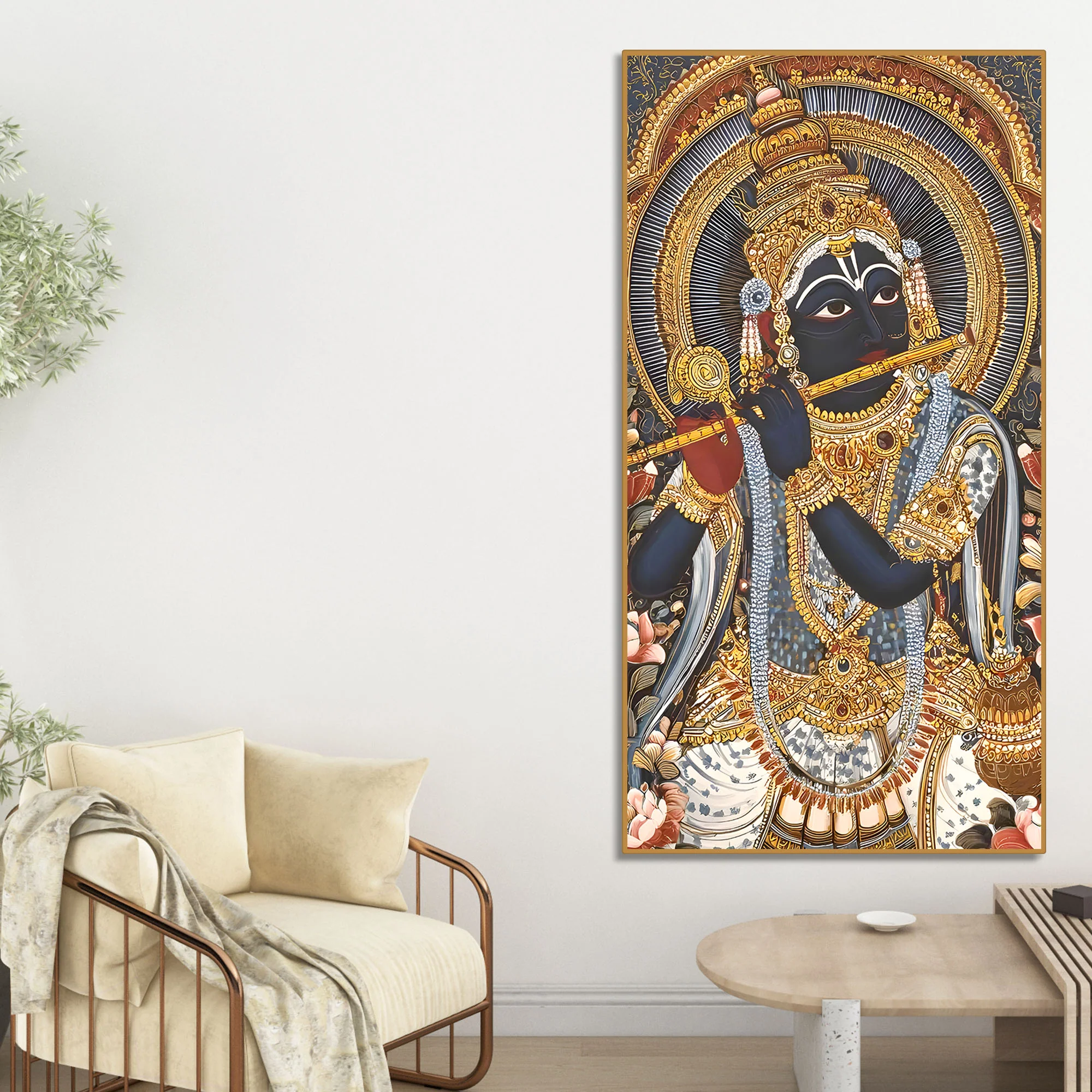 Krishna Playing Flute Canvas Wall Painting | Spiritual Home Decor