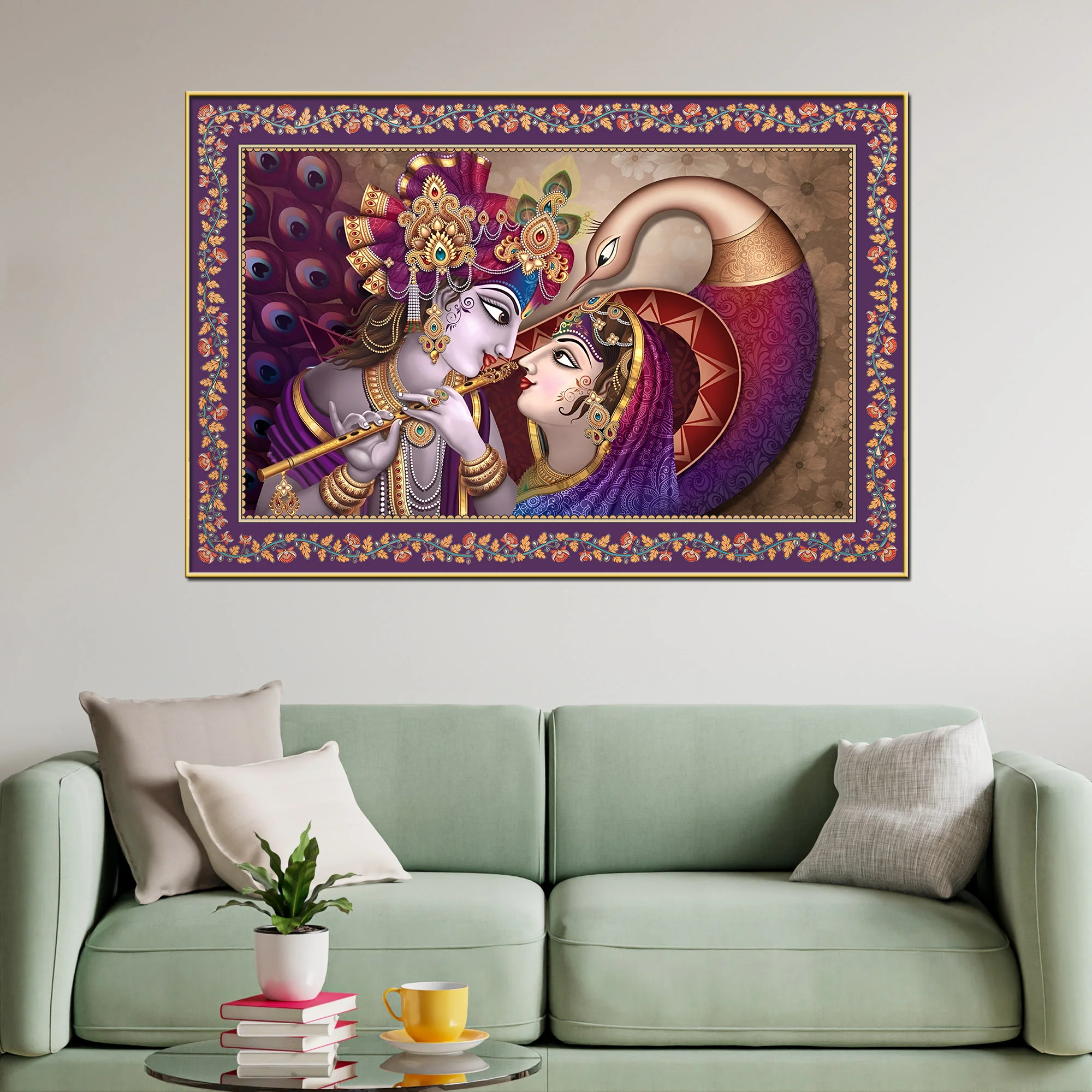 Krishna Radha with Peacock Floral Border Canvas Wall Painting - Image 2