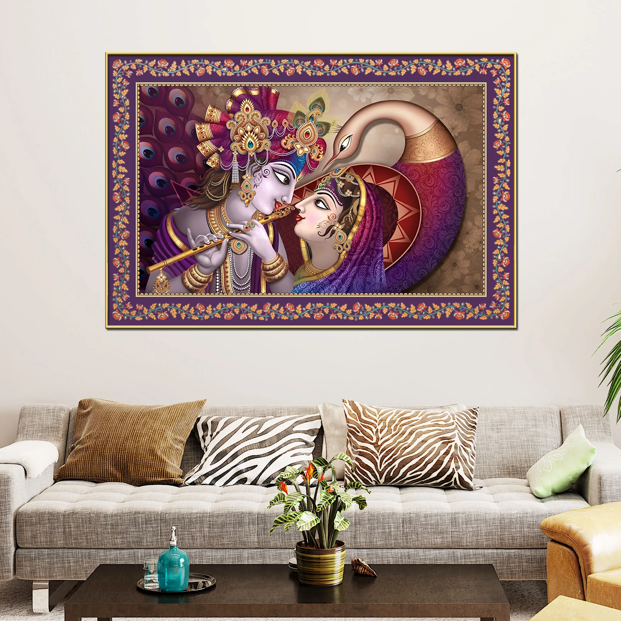 Krishna Radha with Peacock Floral Border Canvas Wall Painting - Image 3