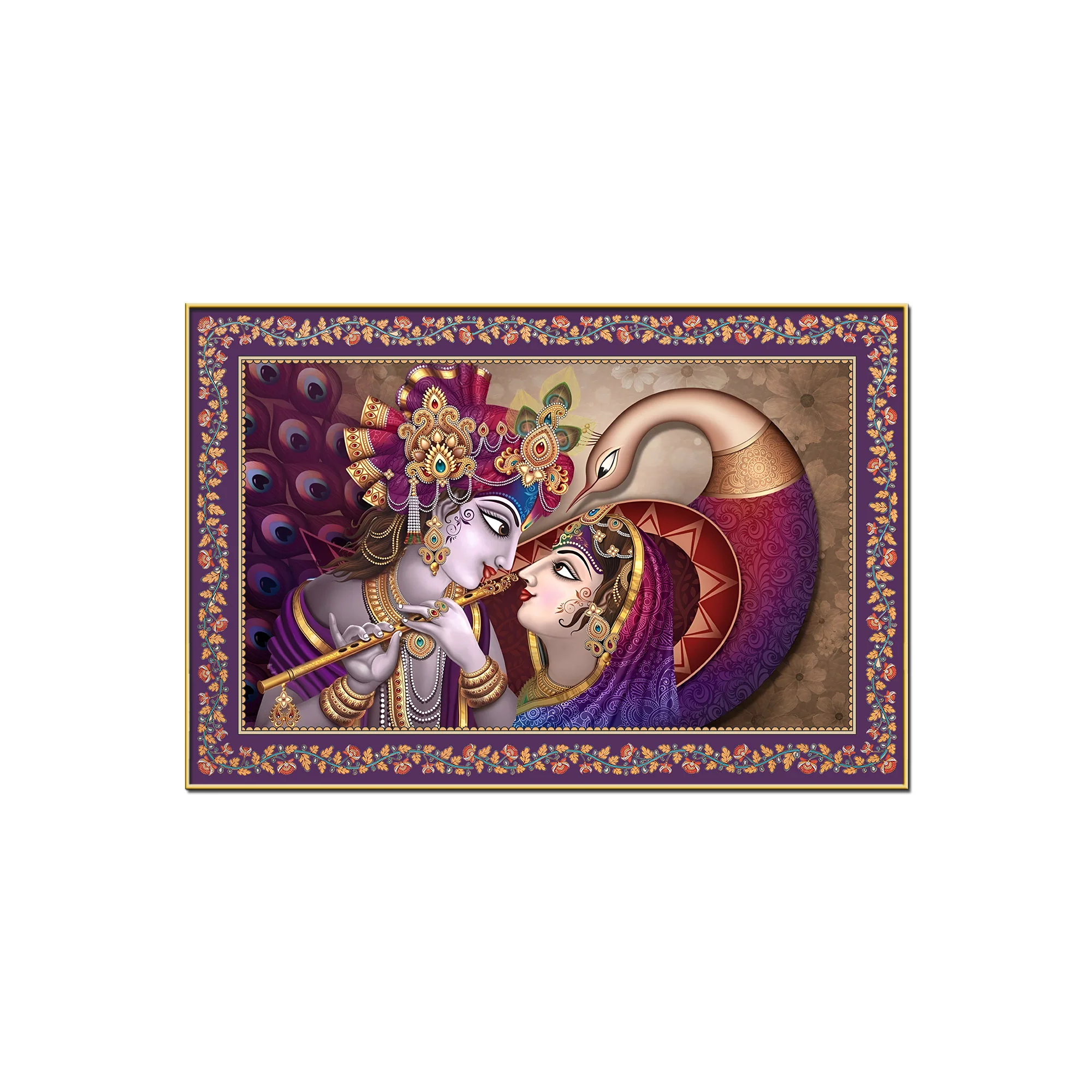 Krishna Radha with Peacock Floral Border Canvas Wall Painting - Image 4