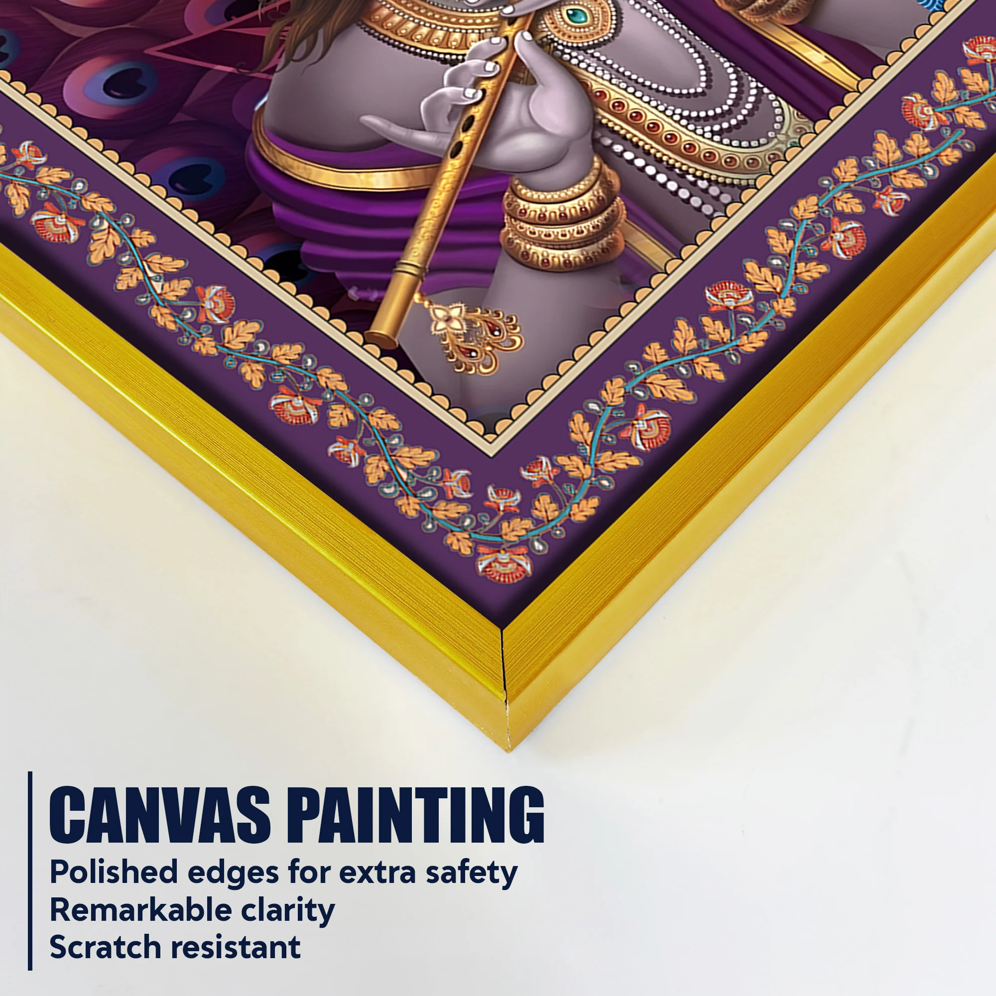 Krishna Radha with Peacock Floral Border Canvas Wall Painting - Image 5