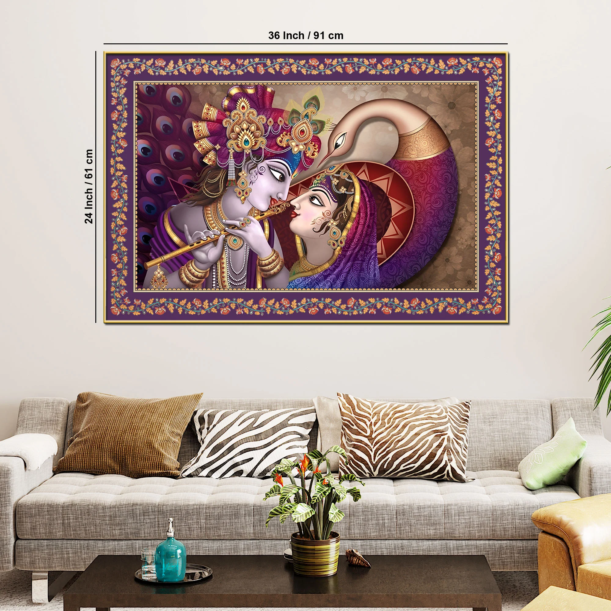 Krishna Radha with Peacock Floral Border Canvas Wall Painting - Image 6
